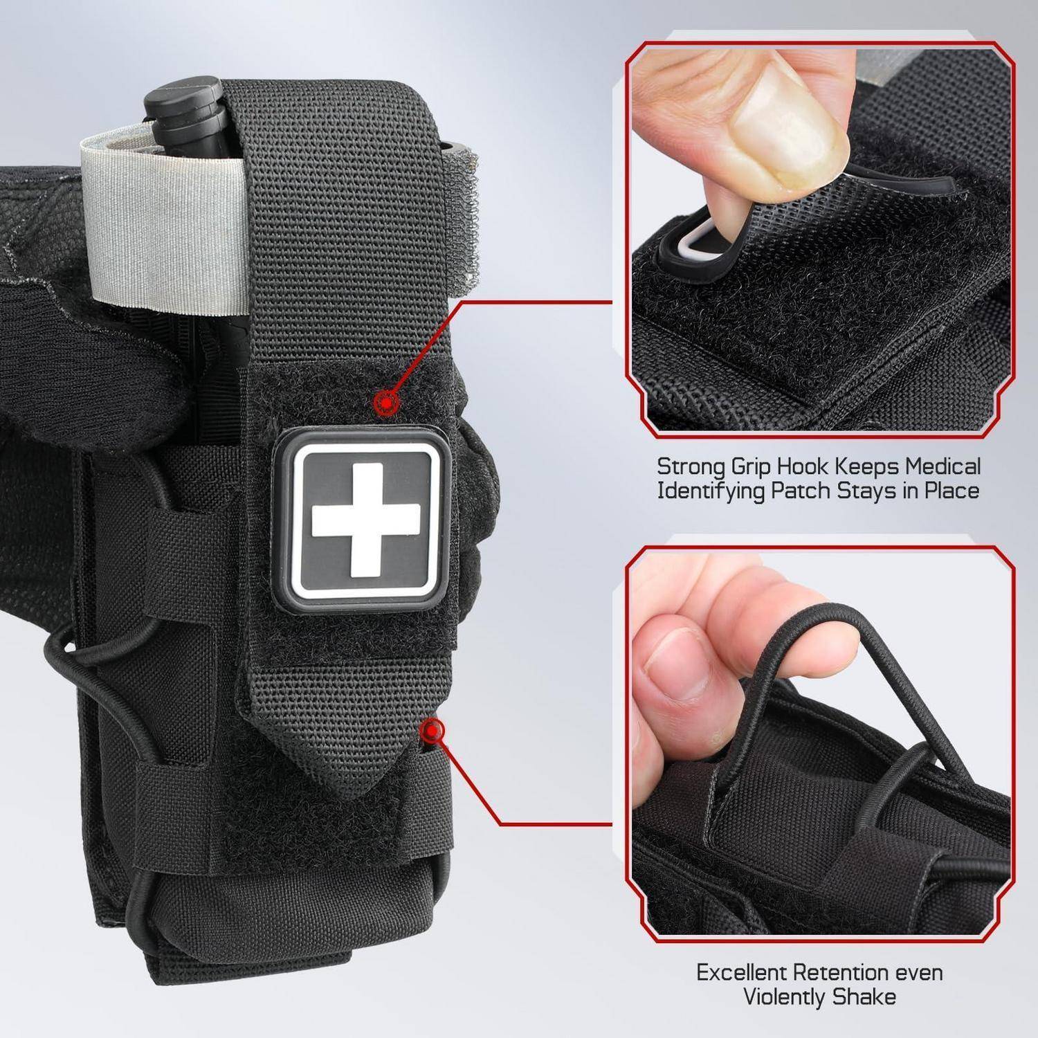 Schwarze taktische Sanitärtasche mit weißem Kreuzpflaster und Riemen, gezeigt mit Nahaufnahmen, die einen starken Hakenverschluss und eine Halterungsschlaufe hervorheben.