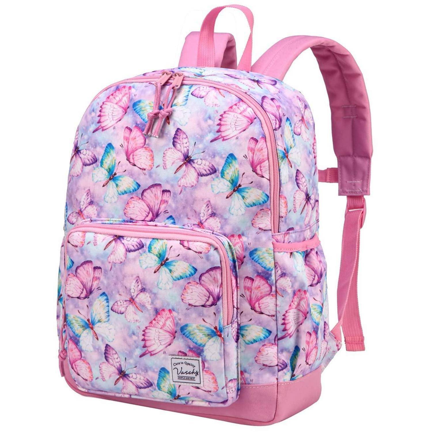 Rosa Schmetterlings-Rucksack mit Frontkissenverschluss, gepolsterten Trägern und Seitentasche auf weißem Hintergrund.