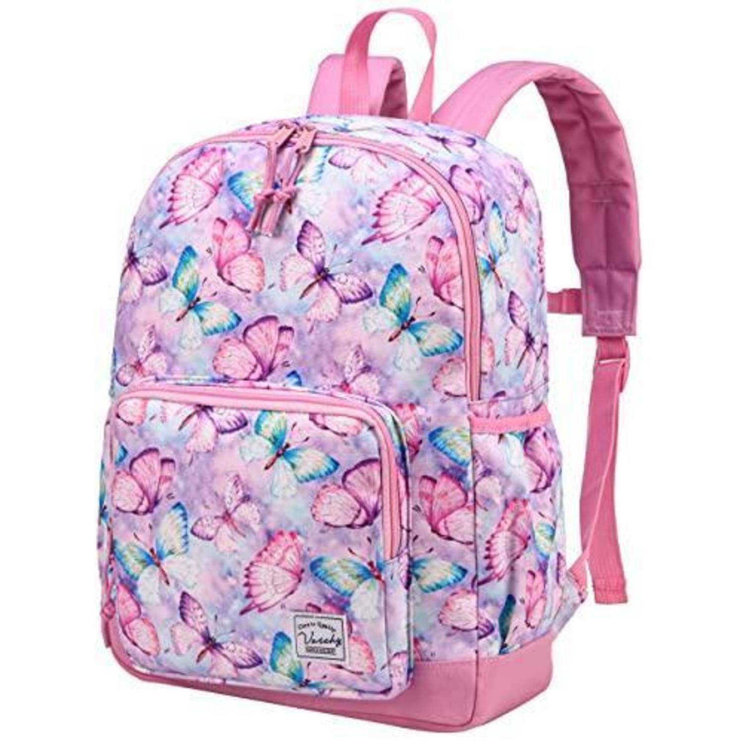 Rosa Rucksack mit Schmetterlingsmuster, Frontzippfach und verstellbaren Schultergurten auf weißem Hintergrund.
