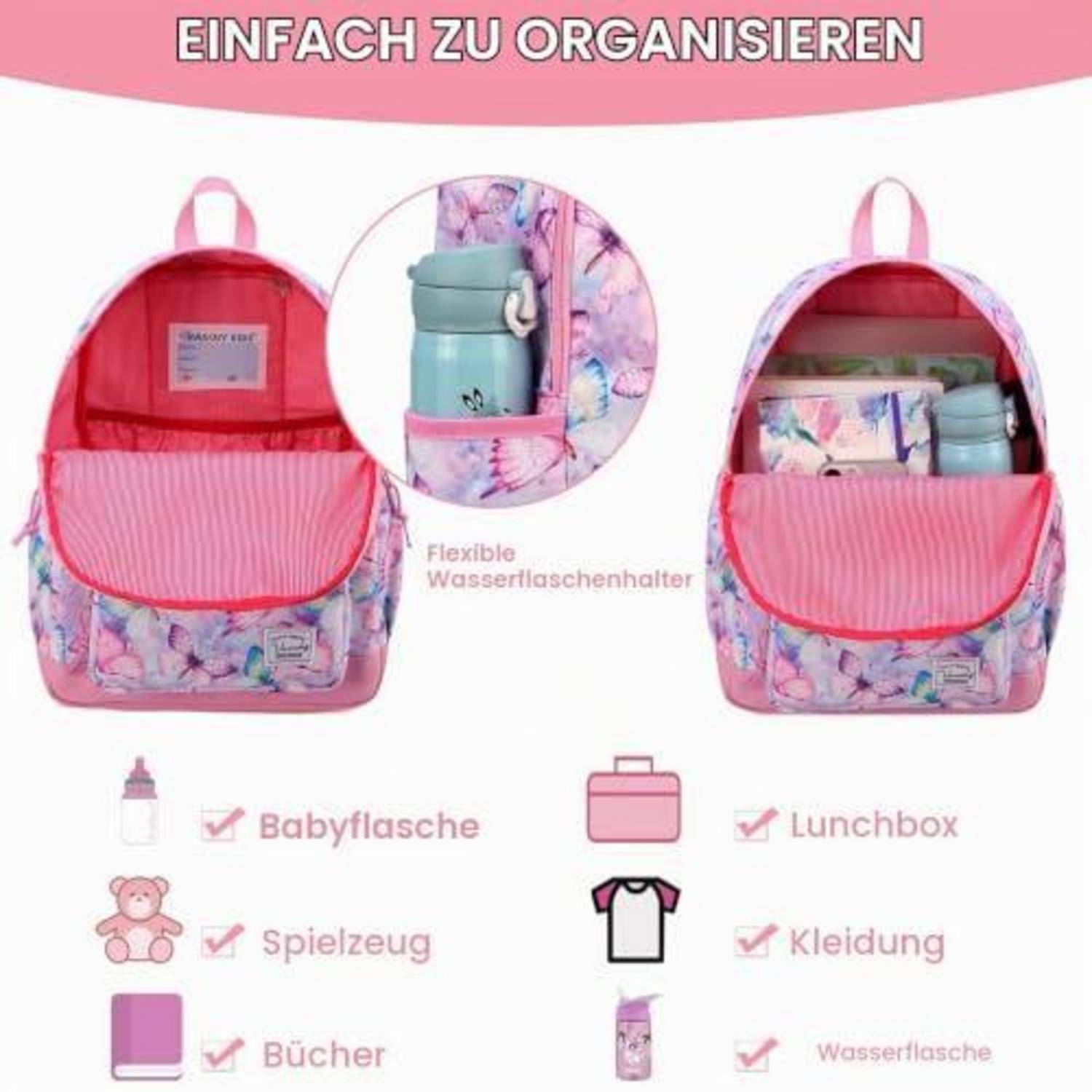 Rosa Kinderrucksack, geöffnet und gepackt dargestellt, mit deutschem Text „EINFACH ZU ORGANISIEREN
