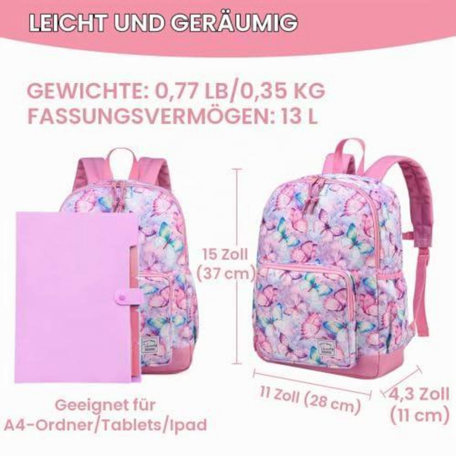 Rosa Rucksack mit Schmetterlings-Muster, abgebildet mit Abmessungen und Fassungsvermögen: 15 Zoll hoch, 11 Zoll breit, 4,3 Zoll tief, 0,35 kg, 13 L, passt für A4-Ordner/Tablets/iPad.