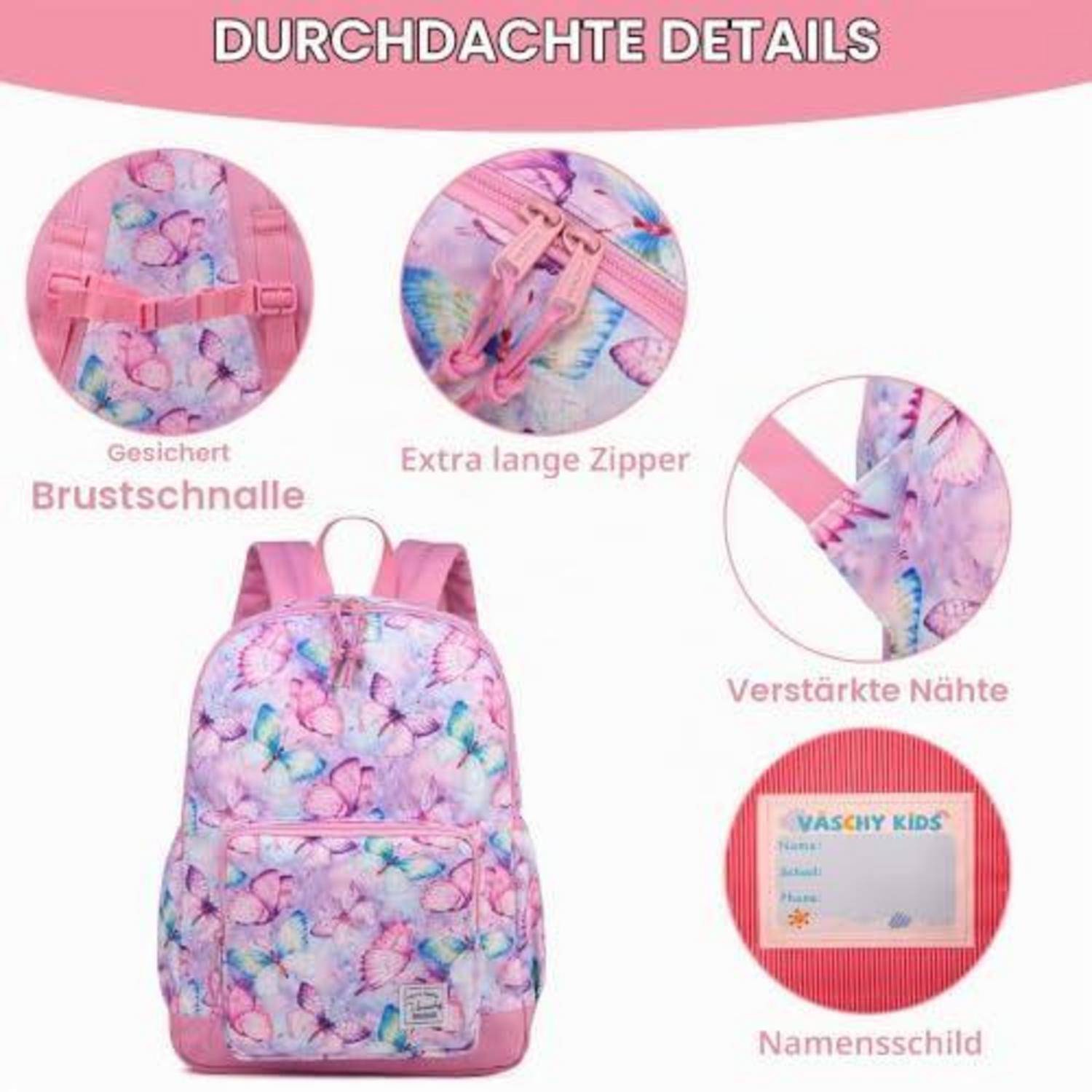 Infografik des rosa Rucksacks für Kinder mit Schmetterlingsdruck, die den sicheren Brustgurt, den extra langen Reißverschluss, die verstärkten Nähte und das Namensschild zeigt.