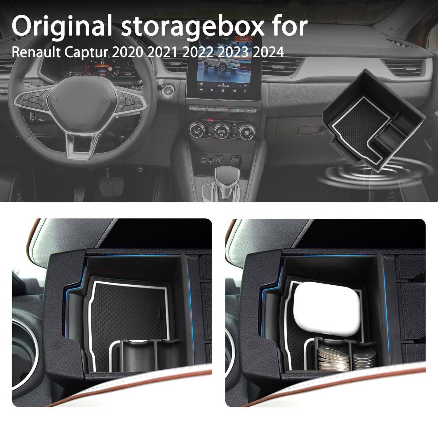 Produktkomposit-Bild mit einer Original-Aufbewahrungsbox für Renault Captur 2020-2024, mit Nahaufnahmen des installierten Dashboard-Fachs und der darin aufbewahrten Gegenstände.