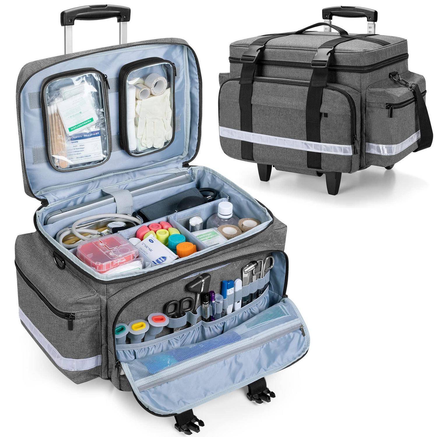 Grauer medizinischer Organizer-Reisetasche mit ausziehbarem Griff, offen mit organisierten Utensilien und geschlossen im Hintergrund dargestellt.
