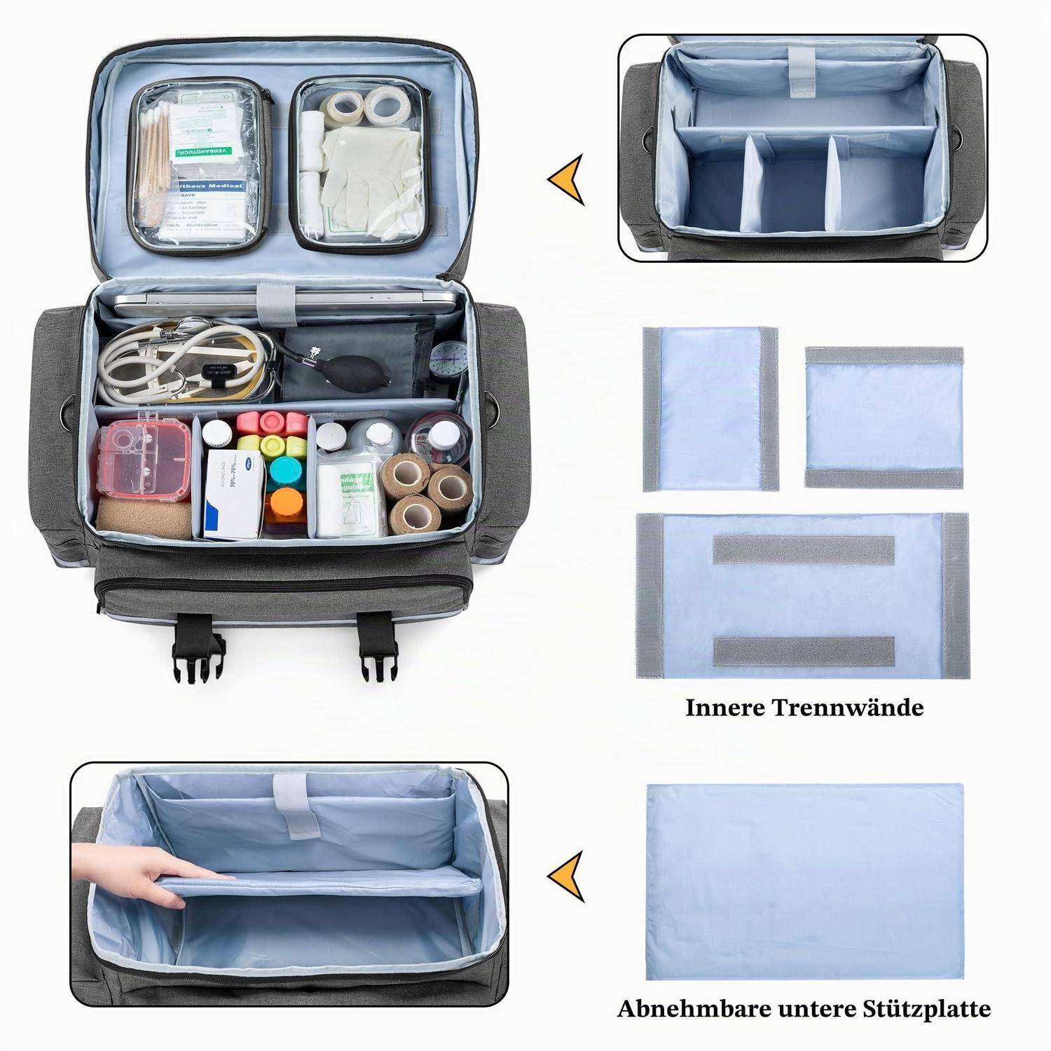Reiseorganizer-Tasche mit abnehmbaren inneren Trennwänden und unterer Stützplatte, gezeigt offen und gefüllt mit Vorräten, plus eingefügte Detailansichten der Fächer.