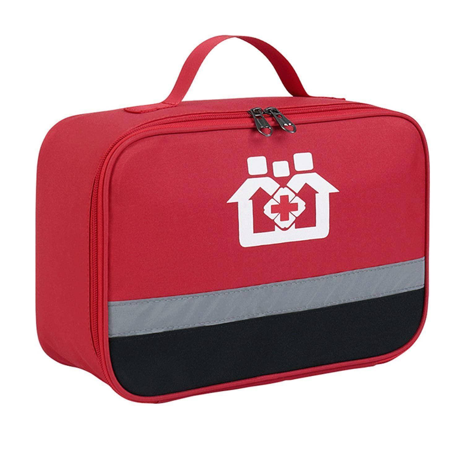 Rote medizinische Erste-Hilfe-Tasche mit Triff, Reißverschluss, reflektierendem Streifen und Notfall-Haus-und-Kreuz-Symbol auf der Vorderseite.