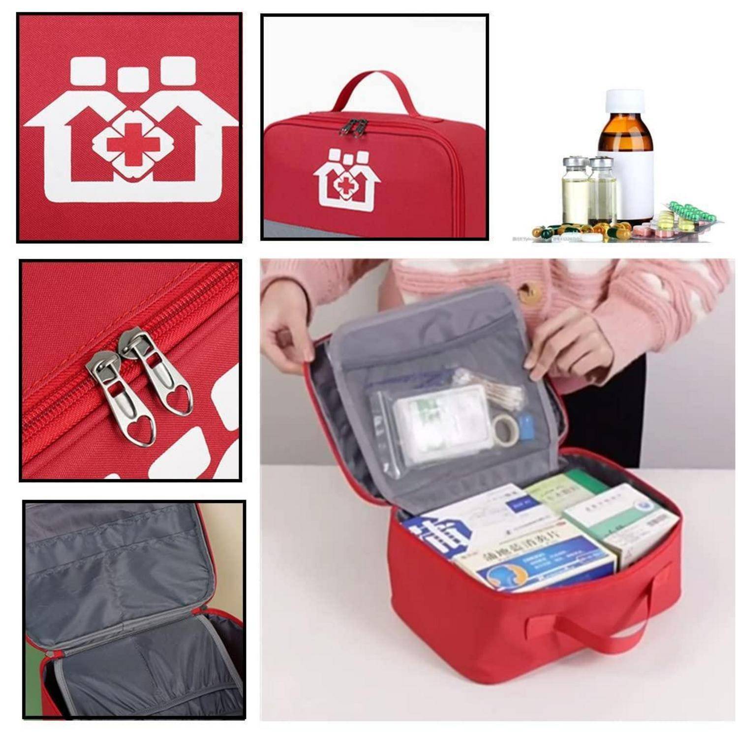 Rote Notfalltasche für medizinische Versorgung mit Erste-Hilfe-Kreuz-Logo, geöffnet dargestellt mit organisierten Fächern für Medikamente, Verbandsmaterial und Zubehör.