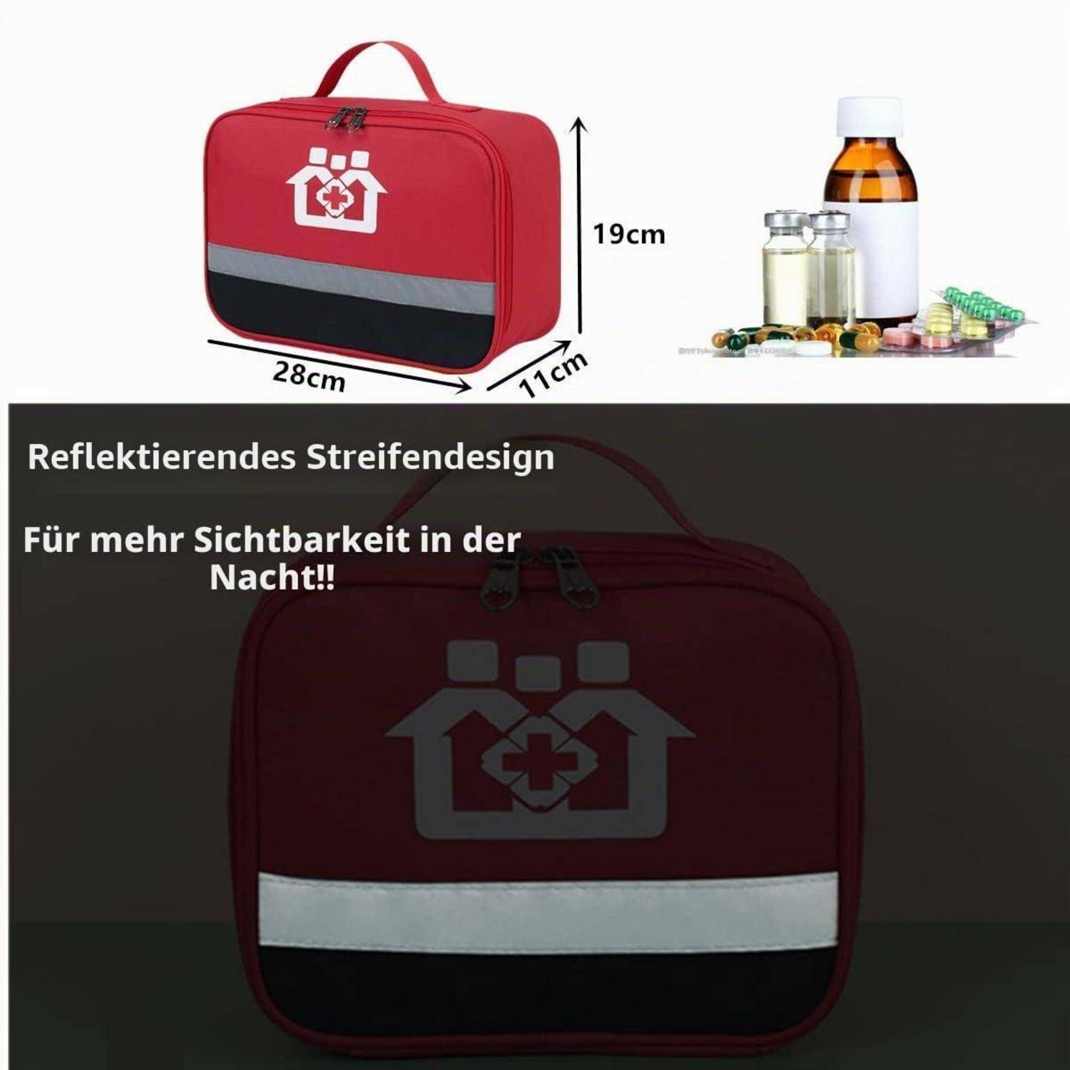 Rote Erste-Hilfe-Tasche mit reflektierendem Streifen, gezeigt mit den Abmessungen 28 cm x 19 cm x 11 cm und deutschem Text, der bessere Sichtbarkeit in der Nacht fördert.