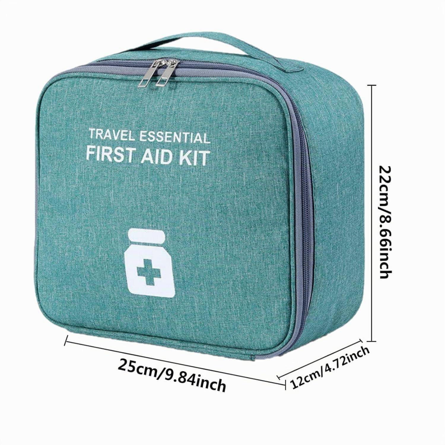 Türkisfarbene Reise-Erste-Hilfe-Tasche mit Griff und Reißverschluss, mit der Aufschrift „FIRST AID KIT", gezeigt mit den Abmessungen 25 x 22 x 12 cm.