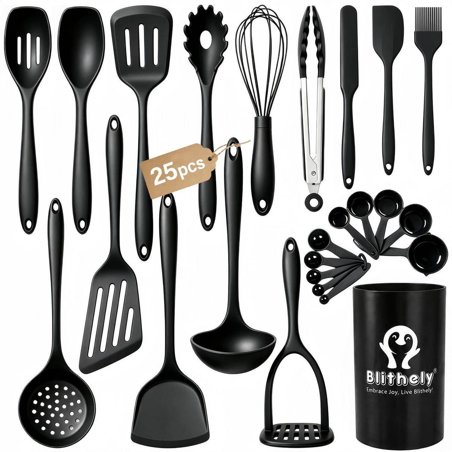 Schwarzes 25-teiliges Küchen-Utensilien-Set auf weißem Hintergrund präsentiert, inklusive Spachteln, Kellen, Schneebesen, Zangen, Messlöffel und einen Utensilien-Halter.