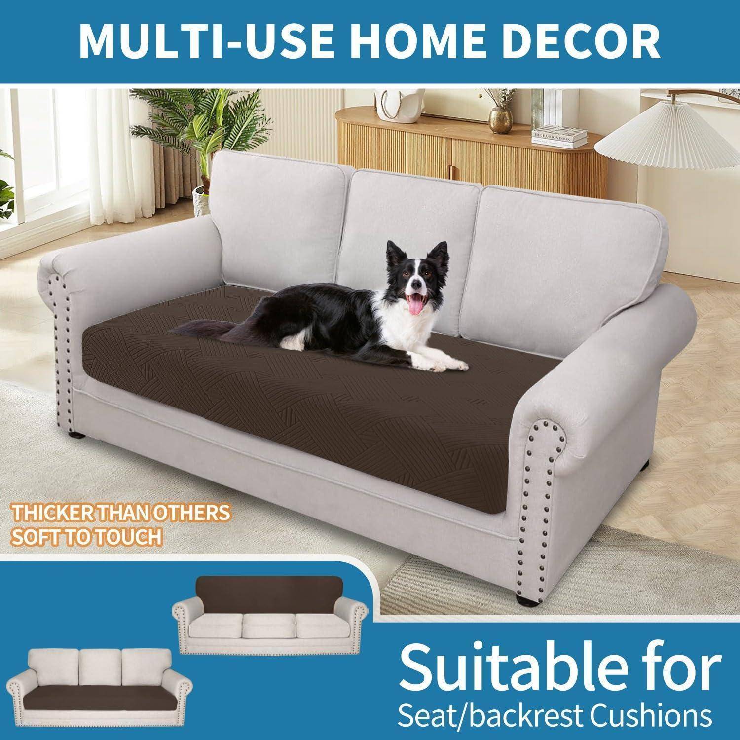 Werbebild eines grauen Sofas mit einem Hund, der auf einer braunen Decke liegt, mit der Beschriftung 
