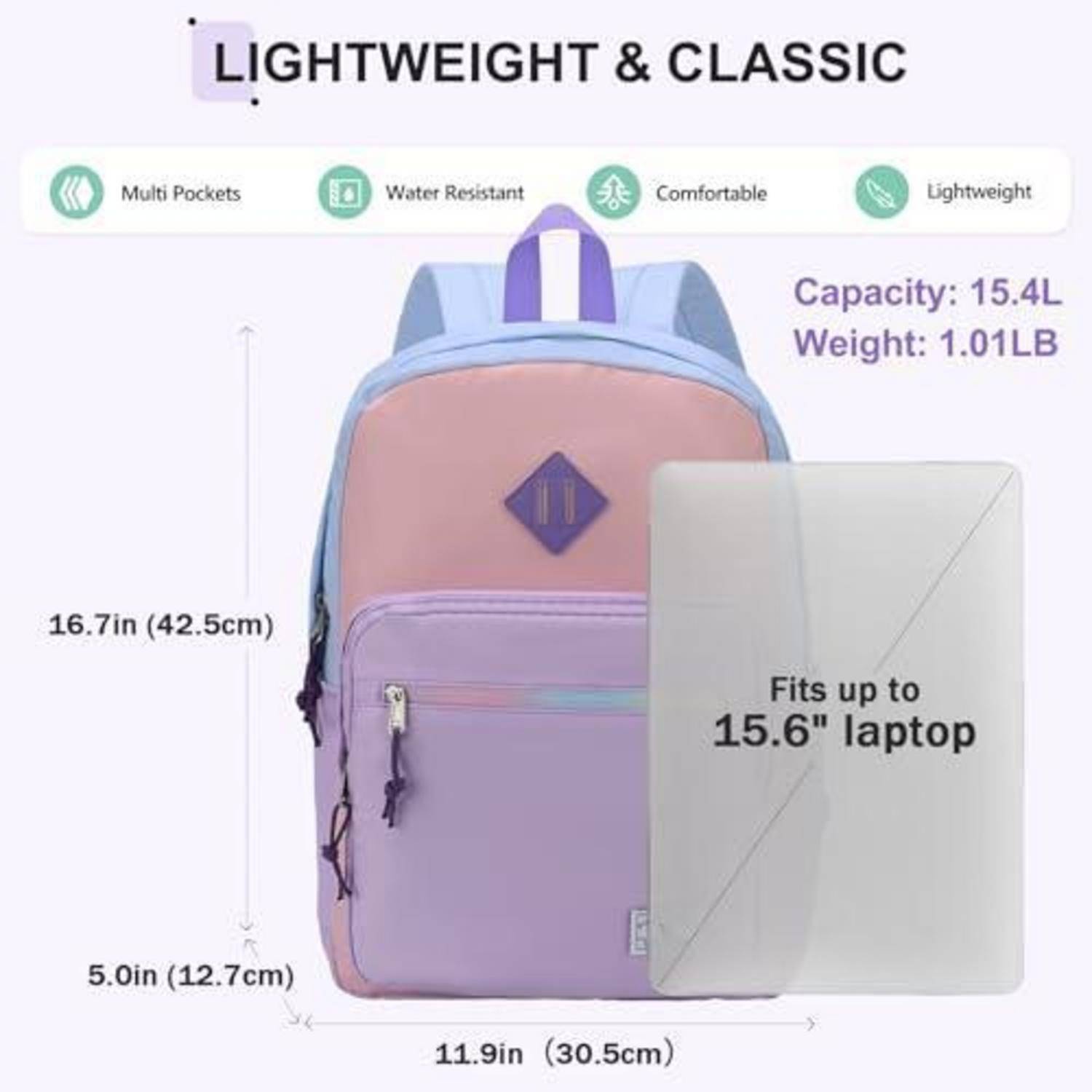 Produktbild eines leichten klassischen Rucksacks in Rosa und Lavendel, das Funktionen wie mehrere Taschen, Wasserfestigkeit, Komfort, 15,4-Liter-Kapazität, 1,01 lb Gewicht und Platz für einen 15,6-Zoll-Laptop zeigt.