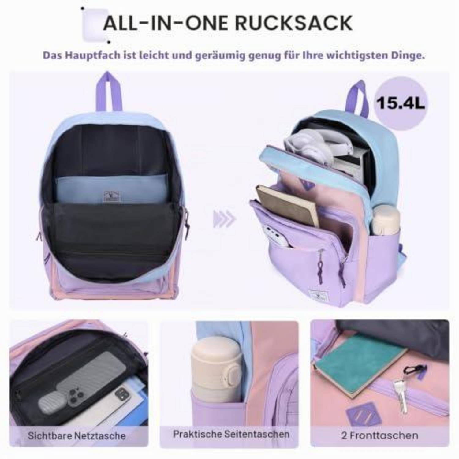 Produktbild eines „ALLROUND-RUCKSACKS" mit einem pastellfarbenen Rucksack mit 15,4 L Fassungsvermögen, offenen Fächern, Seitentaschen, Netztasche und zwei Vordertaschen.
