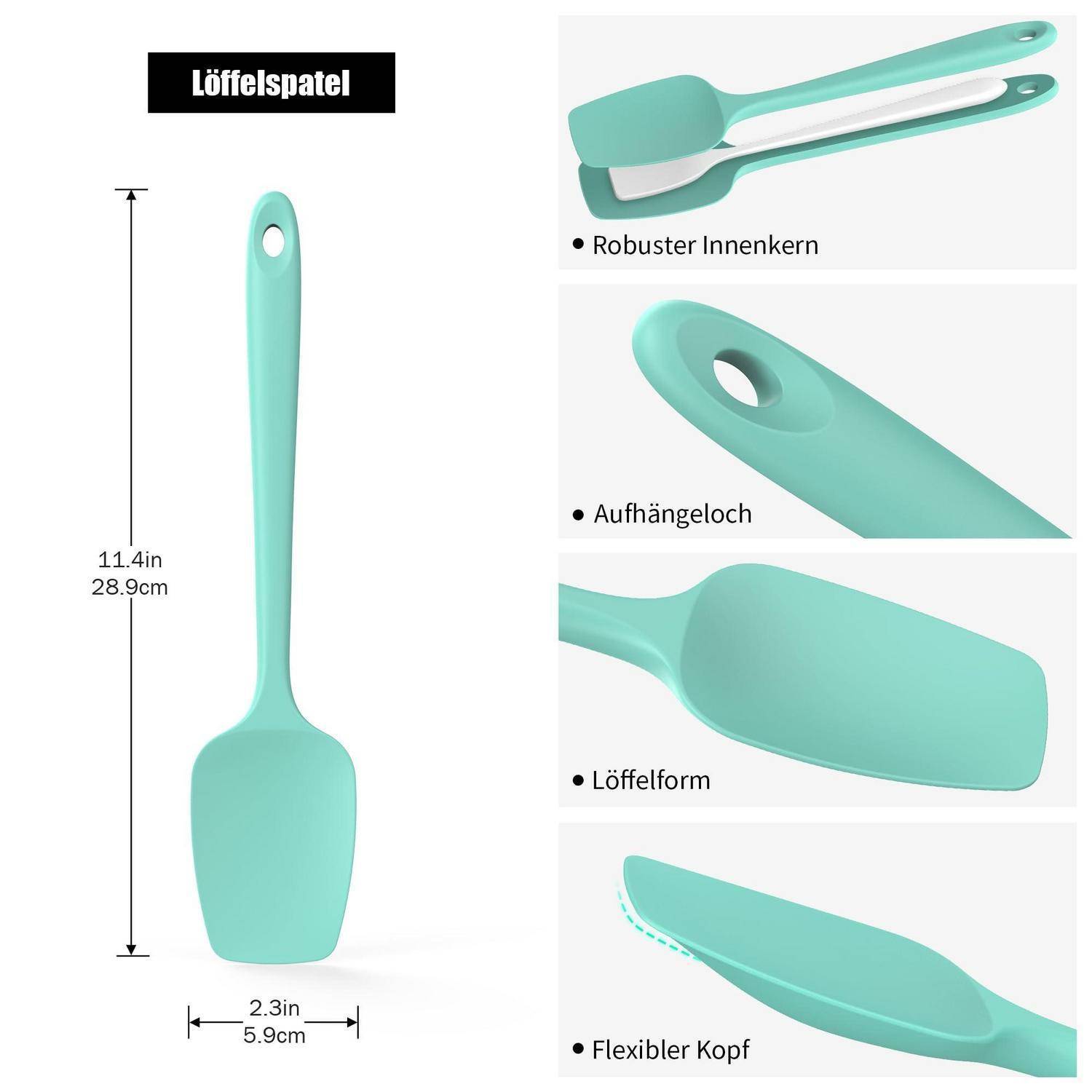 Produktbild eines mintgrünen Silikonspachtels mit der Bezeichnung „Löffelspatel