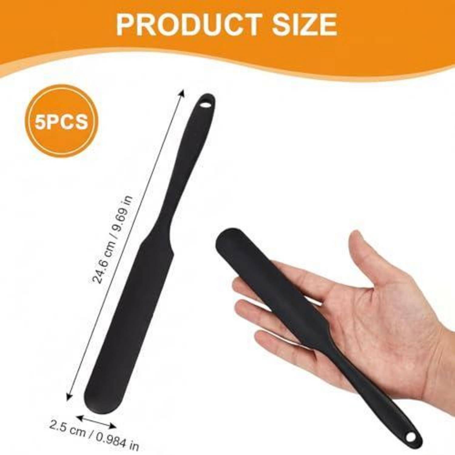Produktgrößendiagramm für ein 5-teiliges Set schwarzer Spachteln: Jede ist 24,6 cm (9,69 Zoll) lang und 2,5 cm (0,984 Zoll) breit, in der Hand gezeigt zur Größenveranschaulichung.