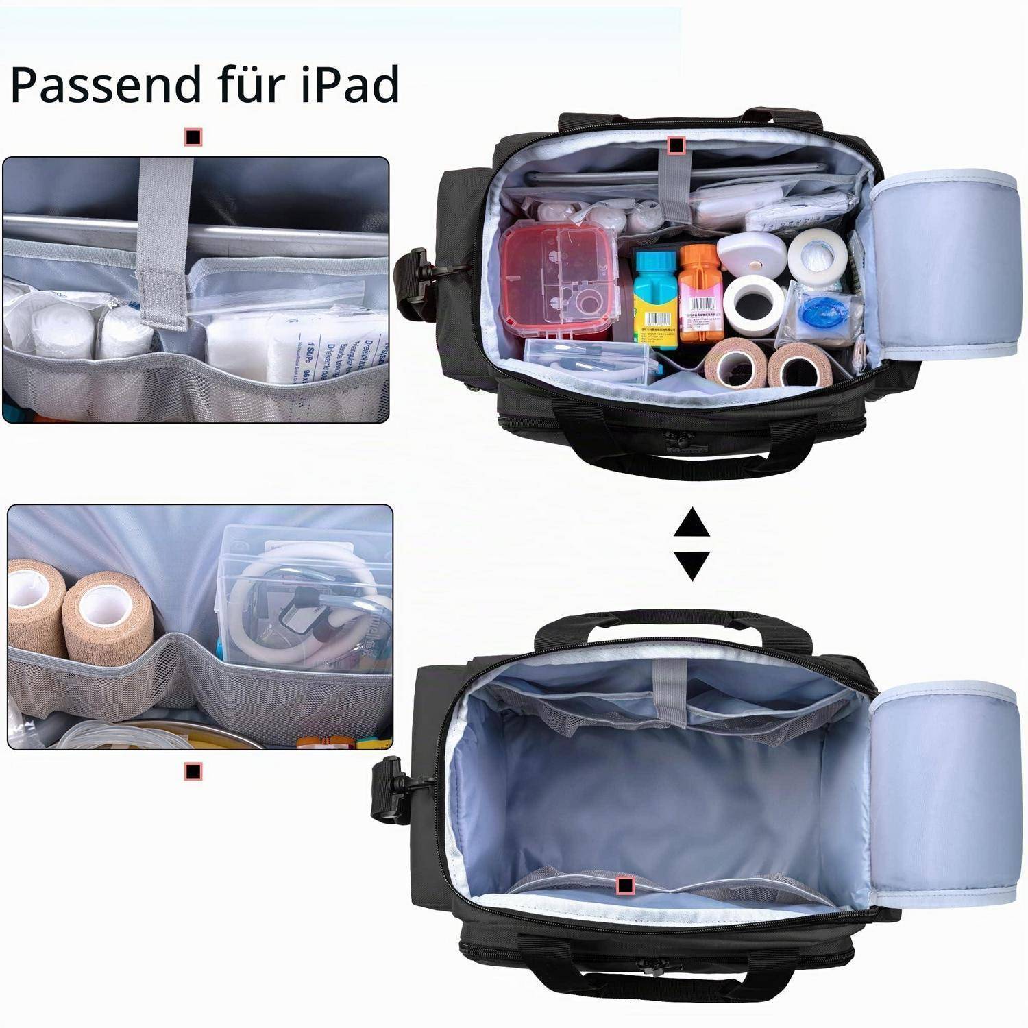 Schwarze iPad-Schultertasche offen gezeigt mit Nahaufnahmen von organisierten Fächern; Text sagt „Passend für iPad".