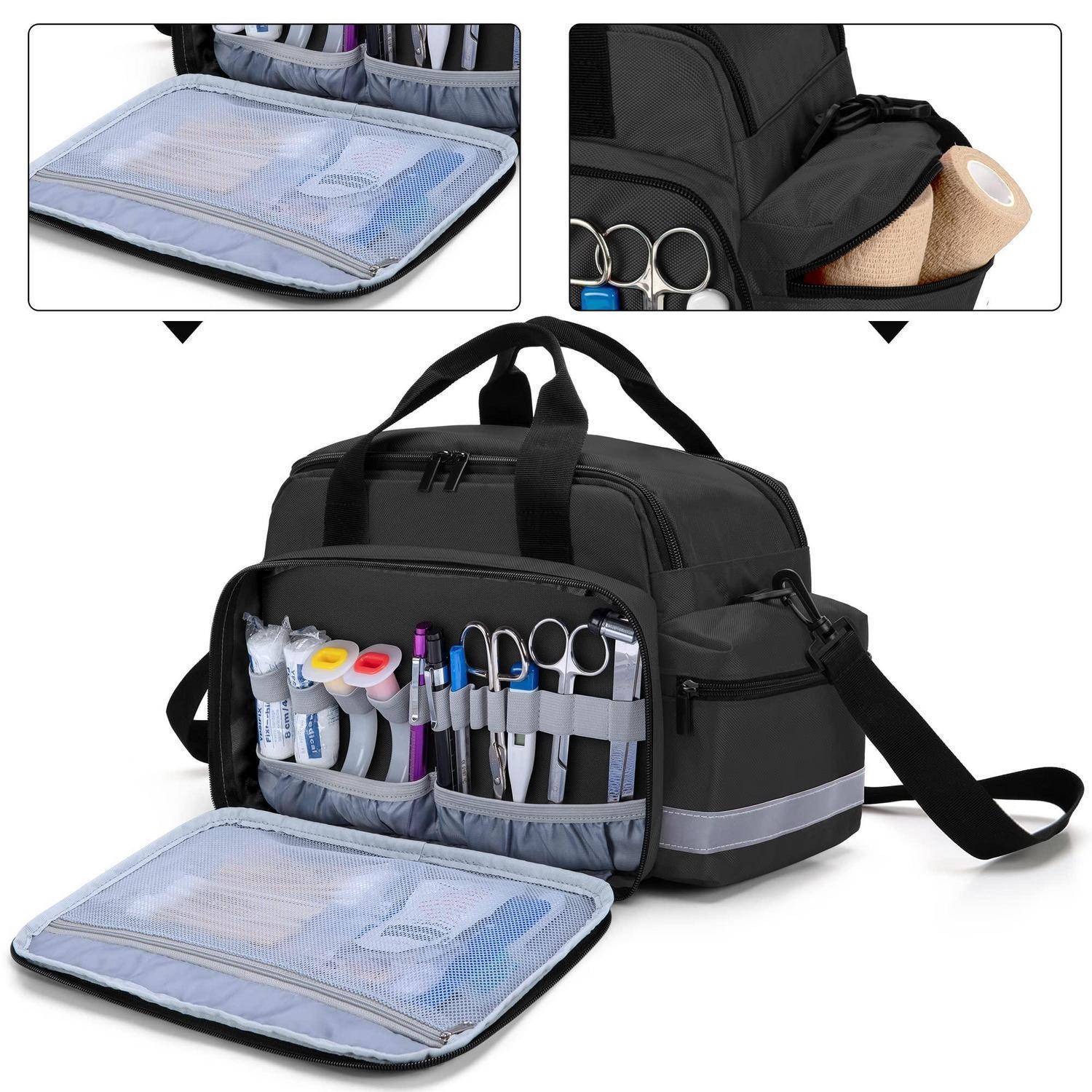 Schwarze medizinische Organizer-Tasche mit offener Vorderlasche, die Fächer mit Stiften, Werkzeugen und Materialien zeigt; enthält Nahaufnahmen der Lasche und der Seitentasche.