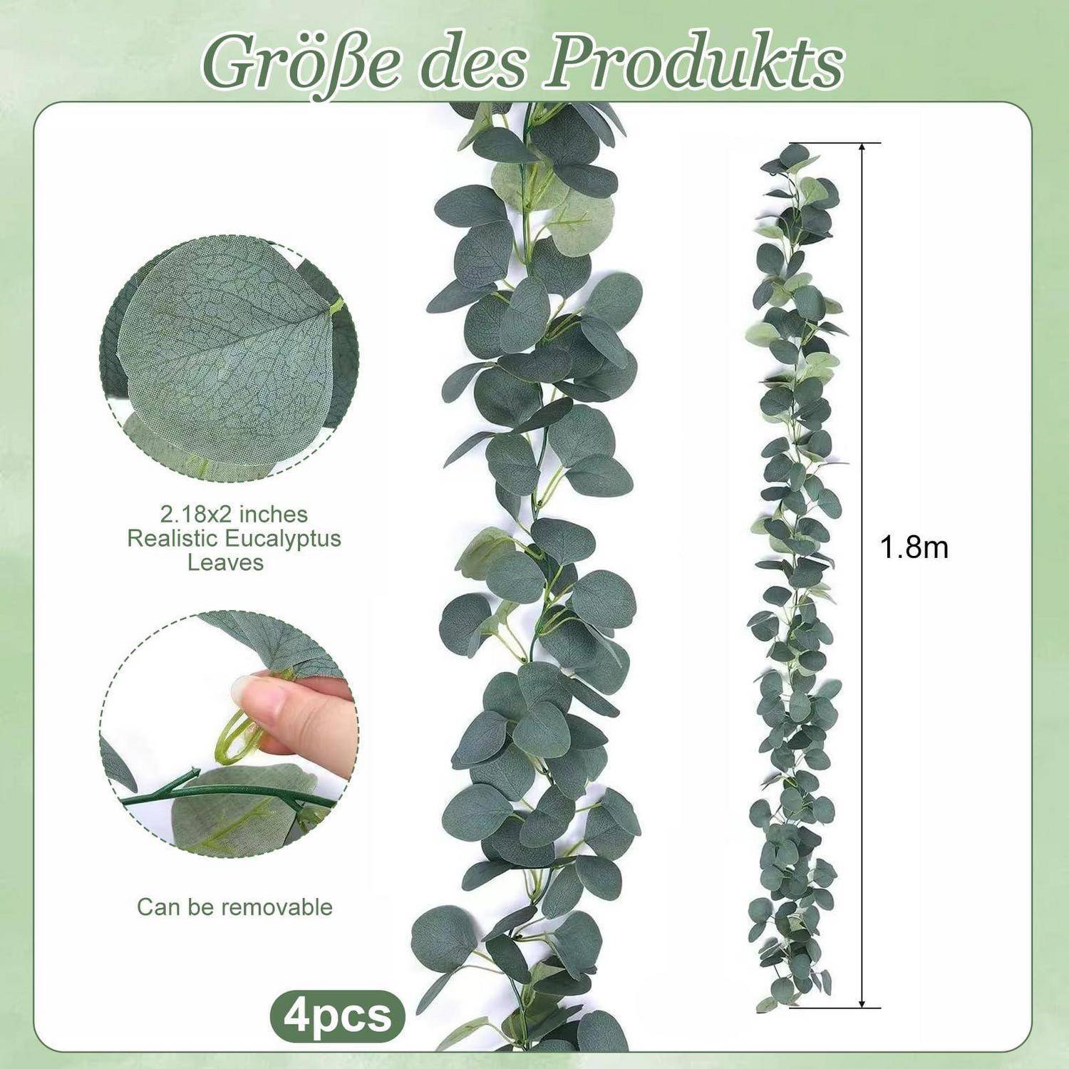 Produktgrößen-Grafik für künstliche Eukalyptus-Girlanden: zeigt fotorealistische Blattdetails, abnehmbare Blätter und eine Länge von 1,8 m für 4 Stück.