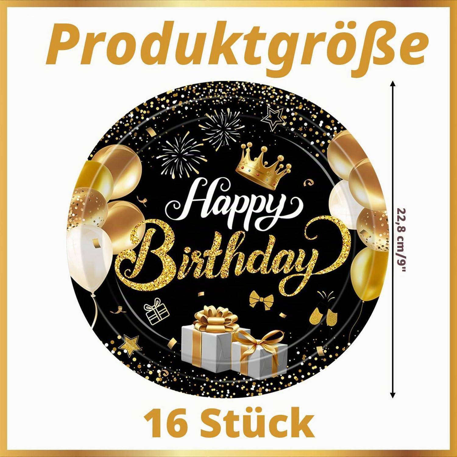 Runder „Happy Birthday"-Dekorationssatz mit Luftballons, Geschenken und Feuerwerk; Produktgröße 22,8 cm/9 Zoll, 16 Teile.