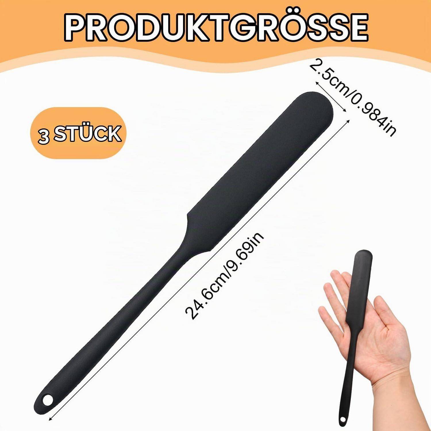 Größentabelle für ein schwarzes Spachtelsatz mit 3 Teilen; jeder Spachtel ist 24,6 cm lang und 2,5 cm breit, mit einer Hand als Größenvergleich.