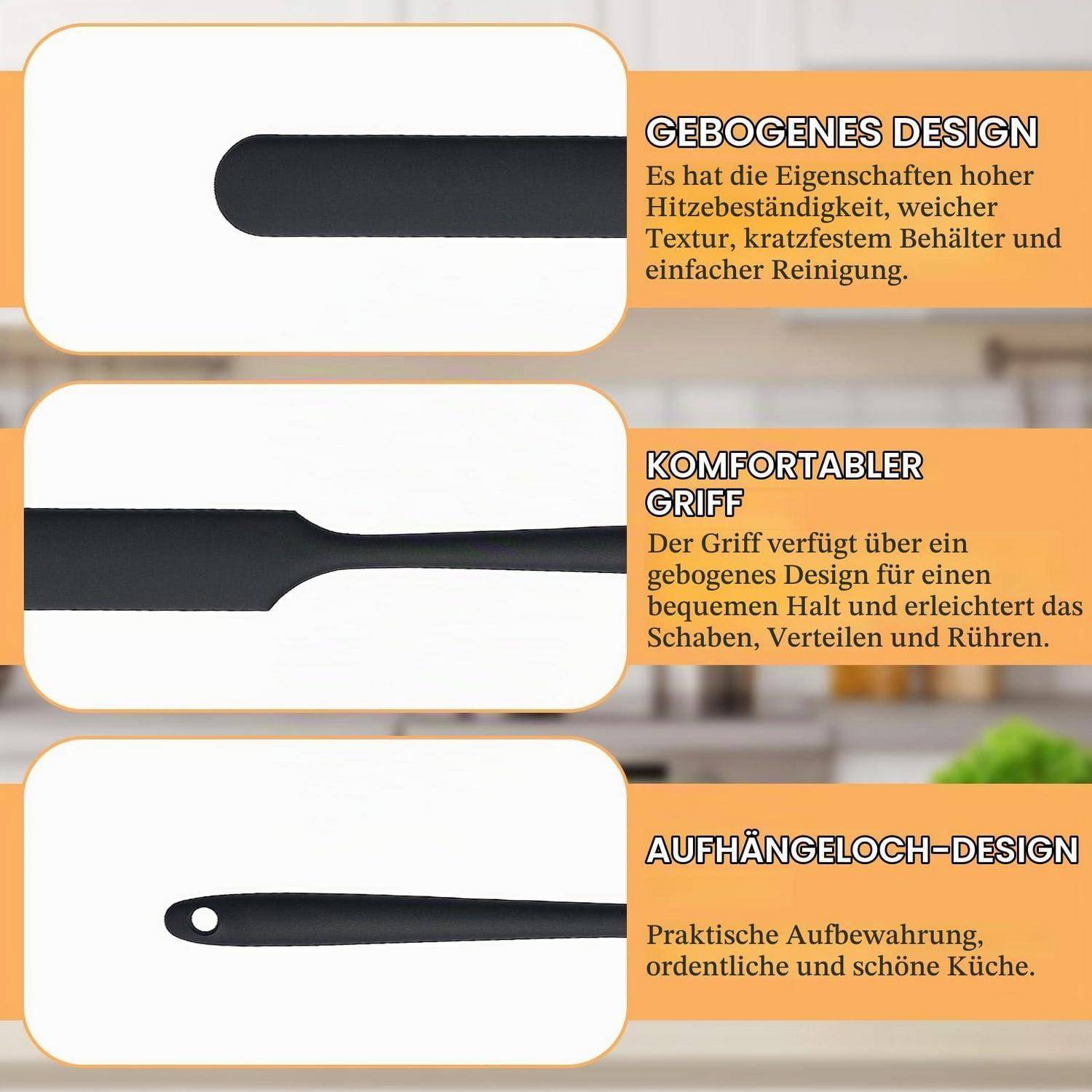 Infografik, die ein schwarzes Küchenutensil mit einem gebogenen Griff zeigt, wobei der ergonomische Griff, die strapazierfähige Oberfläche und ein Aufhängeloch zur Aufbewahrung hervorgehoben werden.