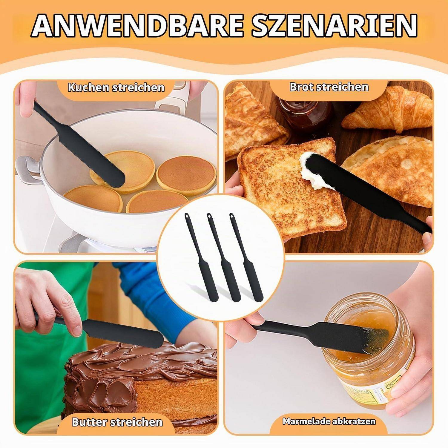 Werbegrafikzeigt schwarze Spachtelset zum Verteilen verwendet für Kuchen, Brot, Butter und Marmelade, mit deutschen Beschriftungen für jeden Anwendungsfall.