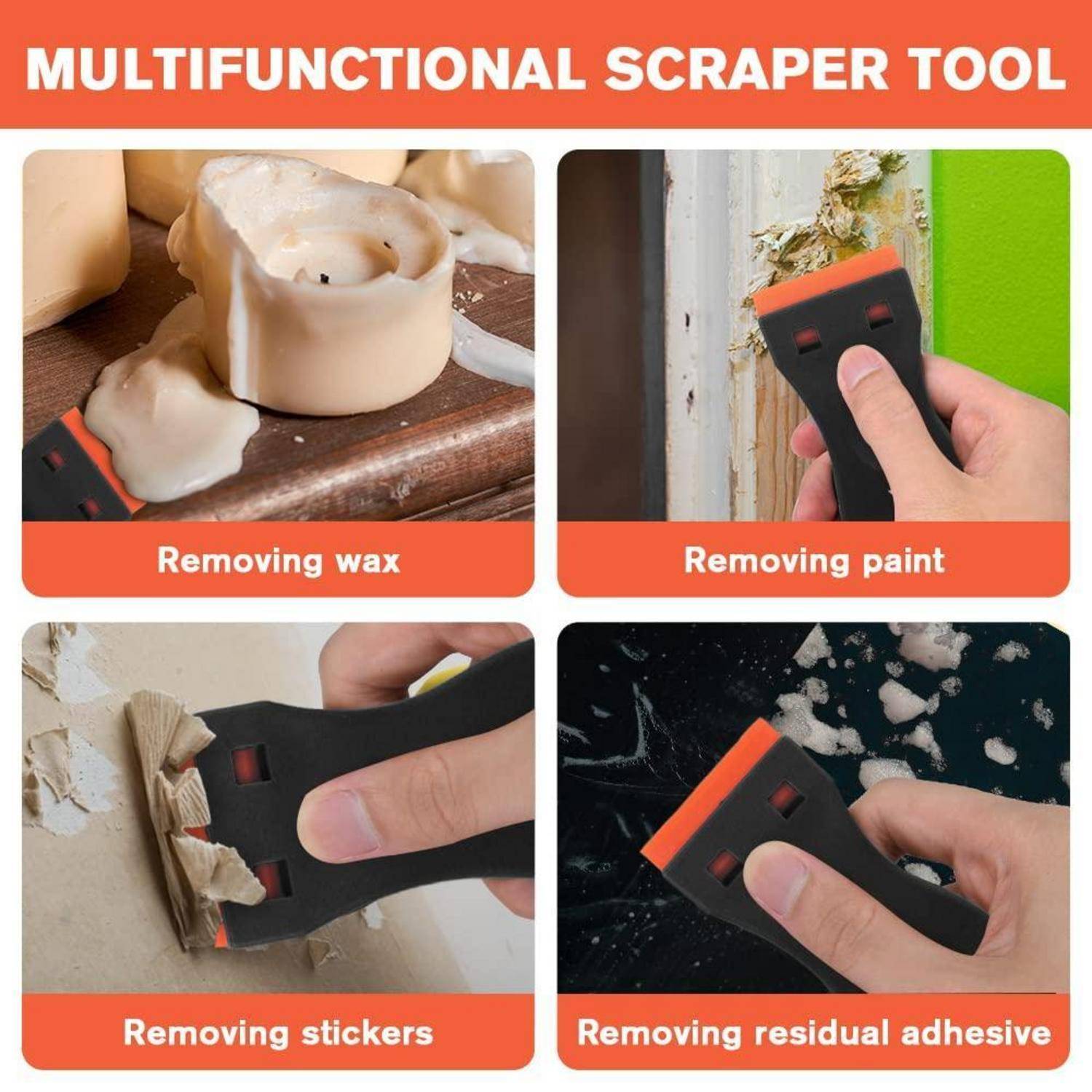 Multifunktionales Kratzer-Werkzeug mit vier Verwendungsmöglichkeiten: Wachsentfernung, Farbentfernung, Aufkleber entfernen und Klebstoffreste entfernen.