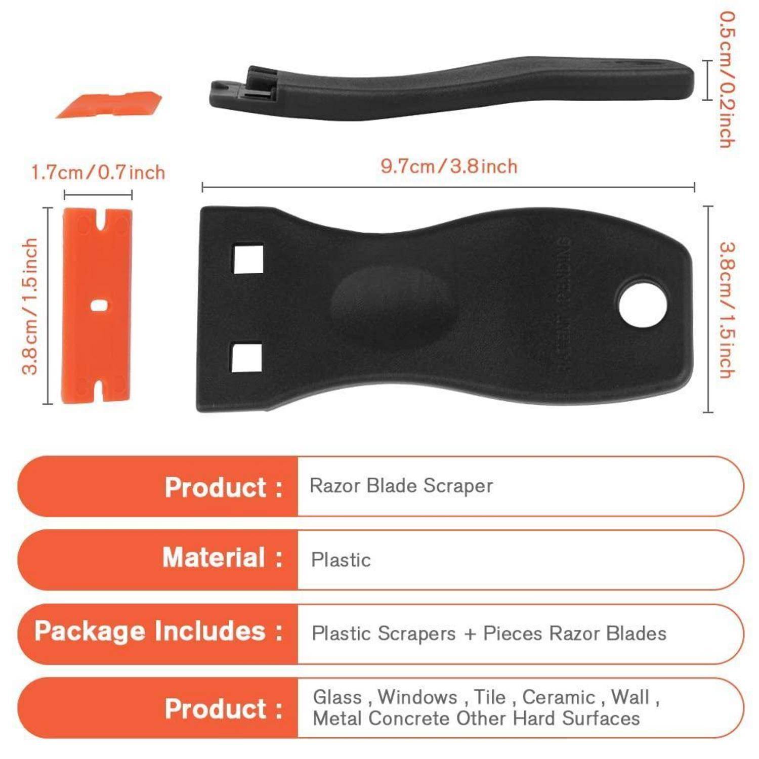 Produktbild mit einem schwarzen Kunststoffrasierklingenschaber, einer orangefarbenen Klinge und beschrifteten Abmessungen sowie Anwendungen für Glas, Fenster, Fliesen, Keramik, Wand, Metall und Beton.