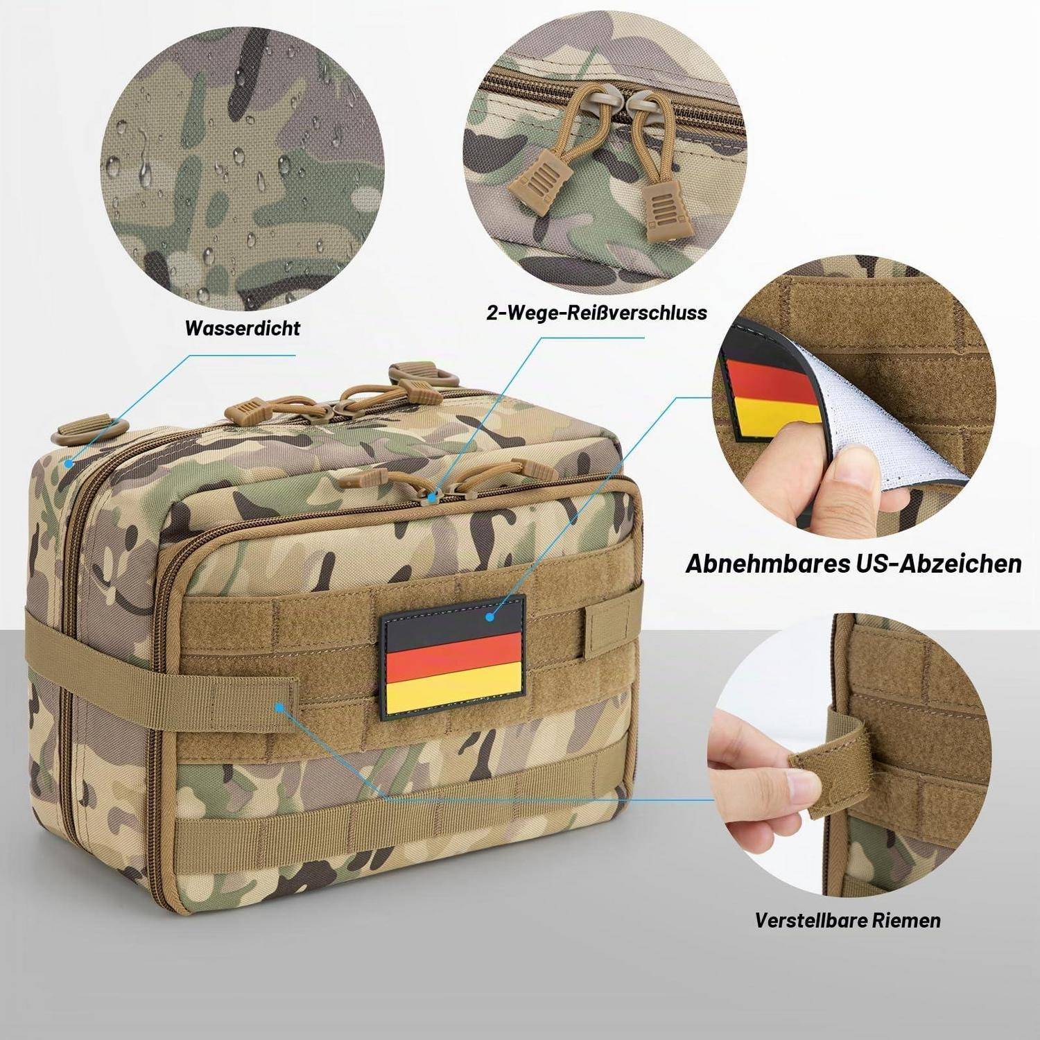 Taktische Camouflage-Tasche mit wasserdichtem Material, Zwei-Wege-Reißverschluss, abnehmbarem US-Flaggen-Patch und verstellbaren Riemen, dargestellt in detaillierten Nahaufnahmen.