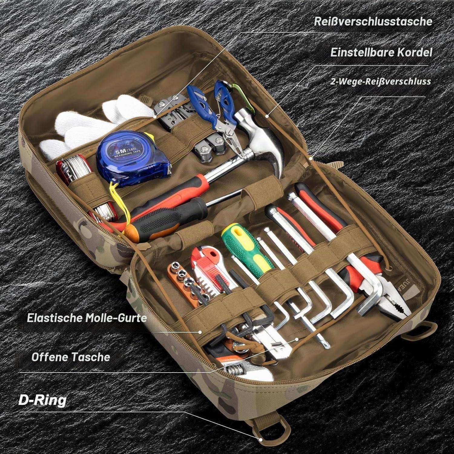 Offene Taktiktasche mit elastischen Riemen und gekennzeichneten Funktionen, die Handwerkzeuge wie Zangen, Schraubendreher, Schraubenschlüssel, Stahlmaßstab und Bits enthält.