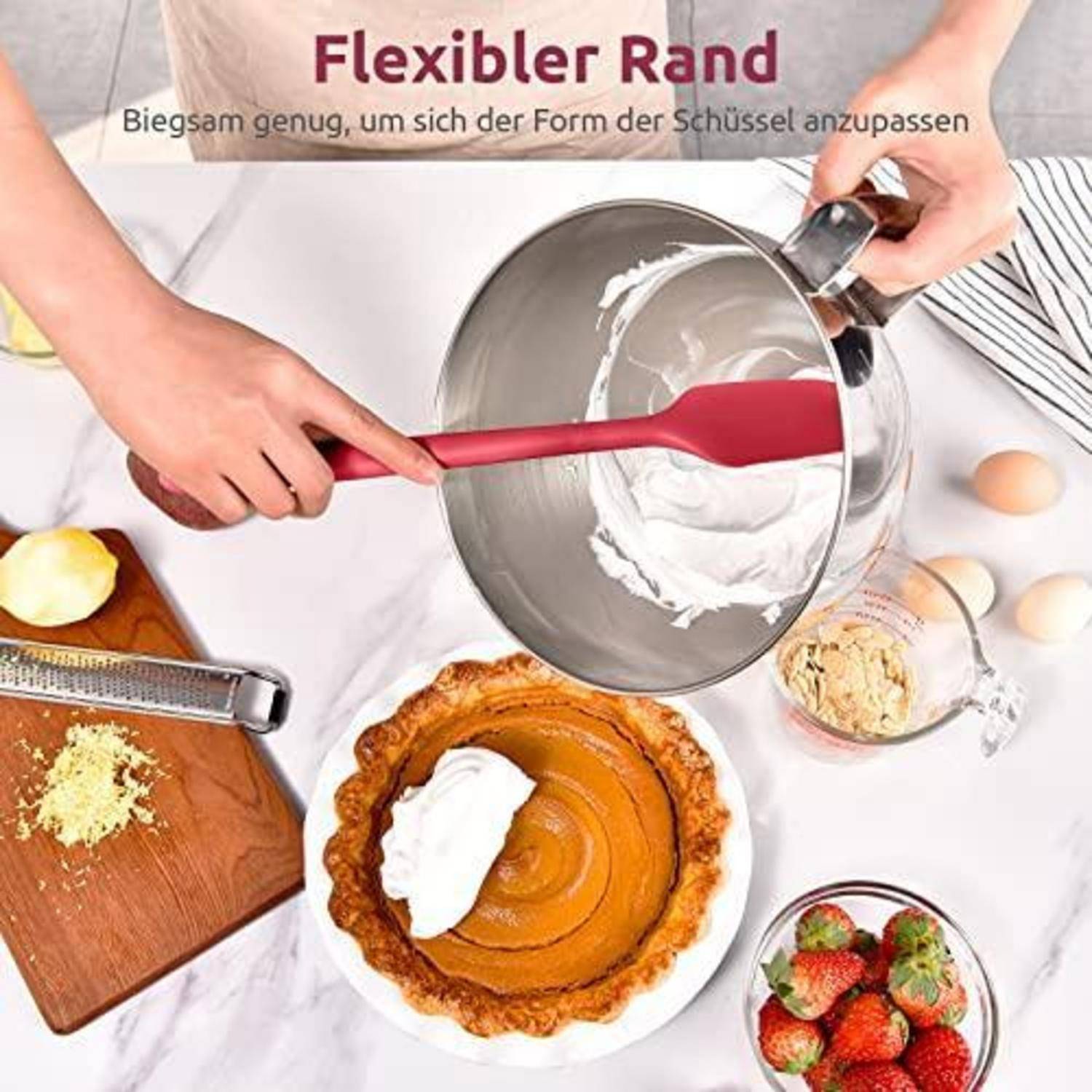Hände beugen einen roten Silikonspatel, um eine Rührschüssel zu kratzen; deutscher Text liest „Flexibler Rand