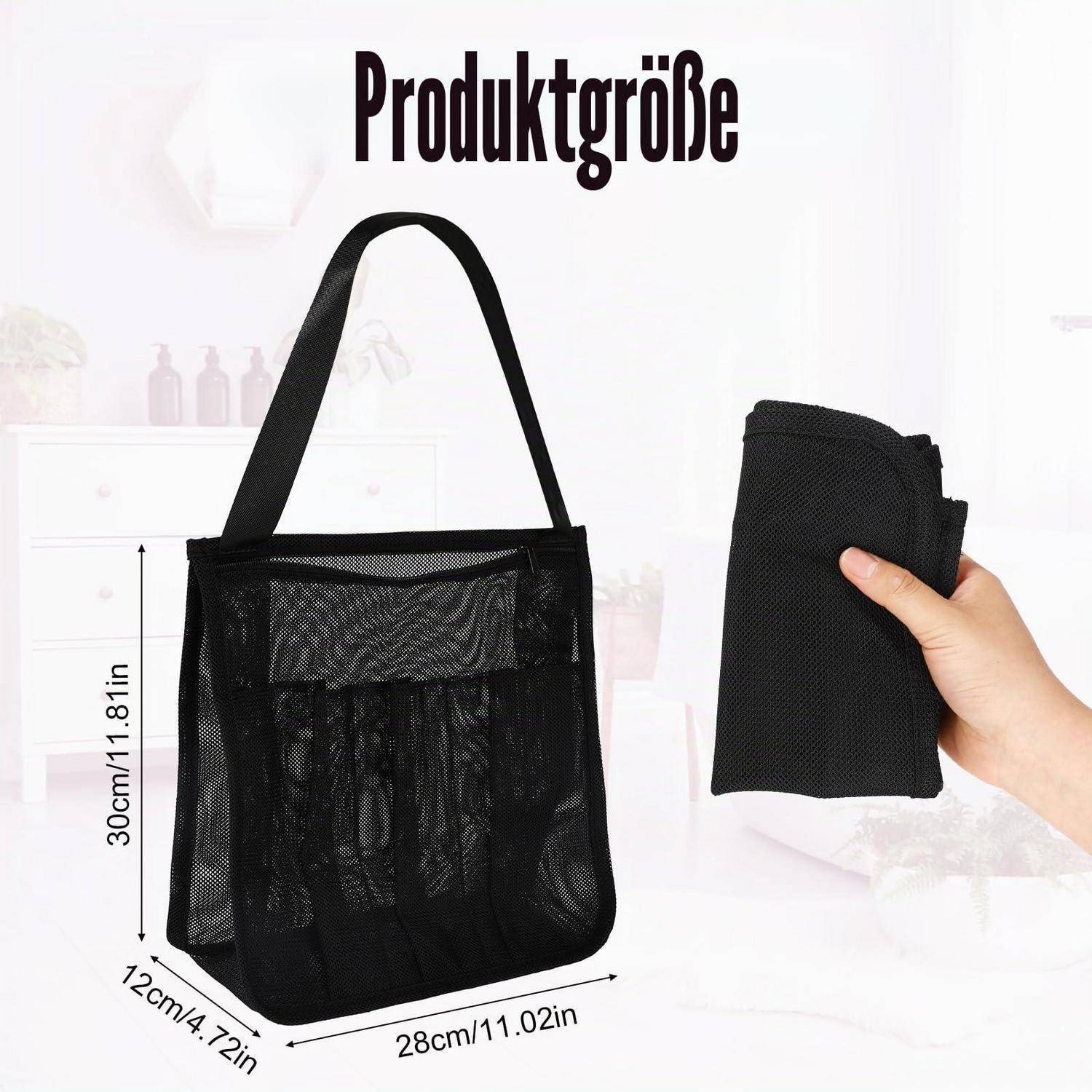 Schwarze Mesh-Tragetasche mit den Maßen 30 cm hoch, 28 cm breit, 12 cm tief, dazu ein Größenvergleich der gefalteten Tasche in der Hand; die Überschrift lautet „Produktgröße".
