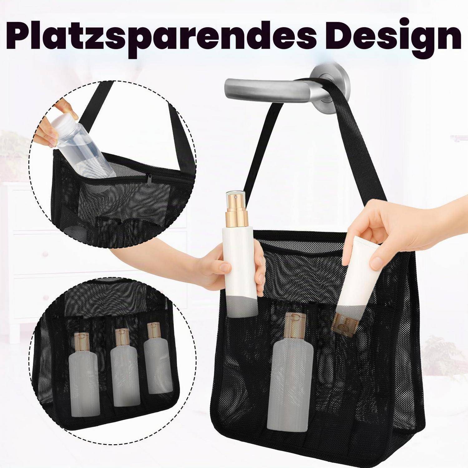 Schwarze Mesh-Hängeorganizertasche an einem Türgriff mit Toilettenflaschen, mit Nahaufnahmen, die einfachen Zugriff und mehrere Taschen zeigen.