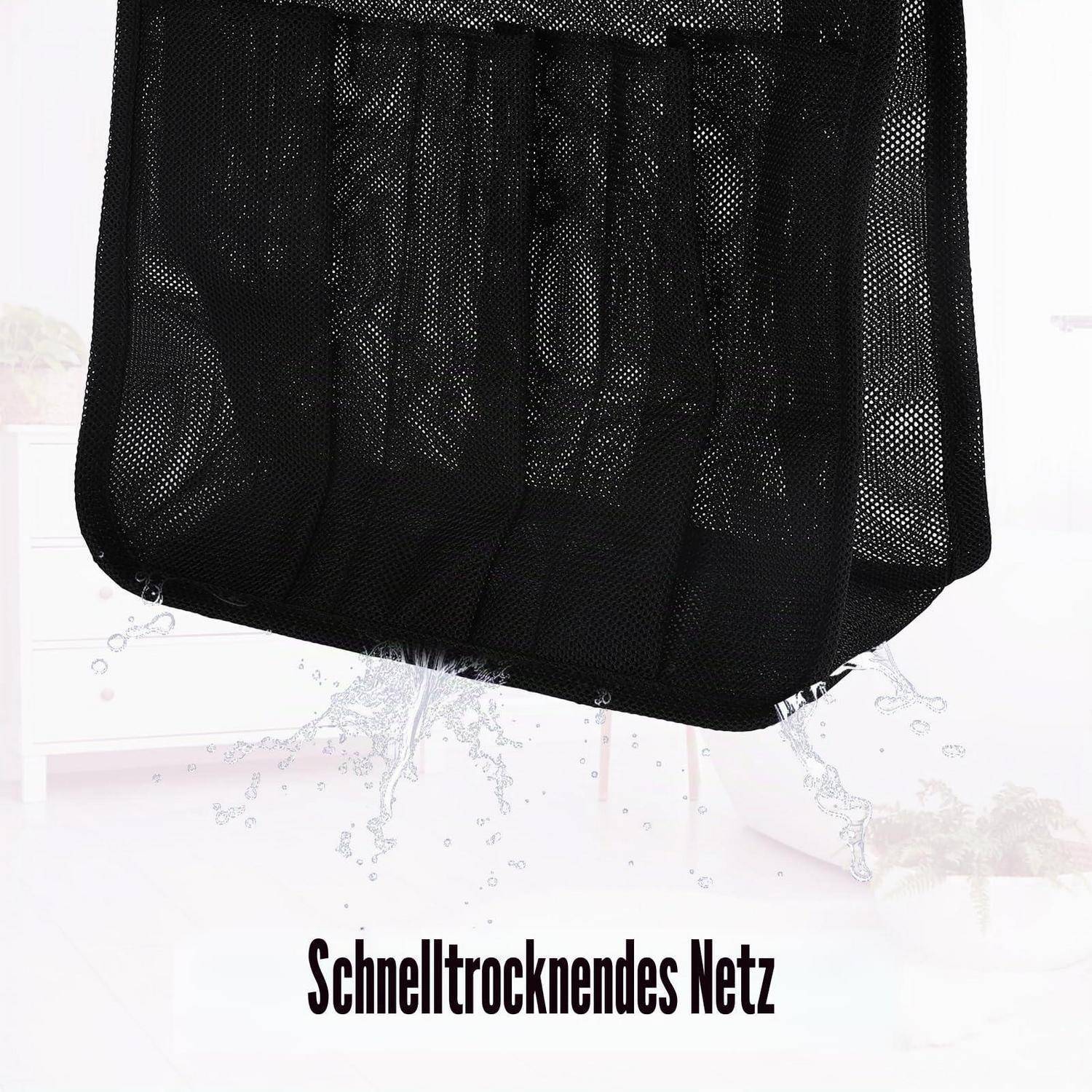 Schwarze Netzschnelltrockentasche, die auf weißem Hintergrund aufgehängt ist, mit dem deutschen Text „Schnelltrocknendes Netz" darunter.