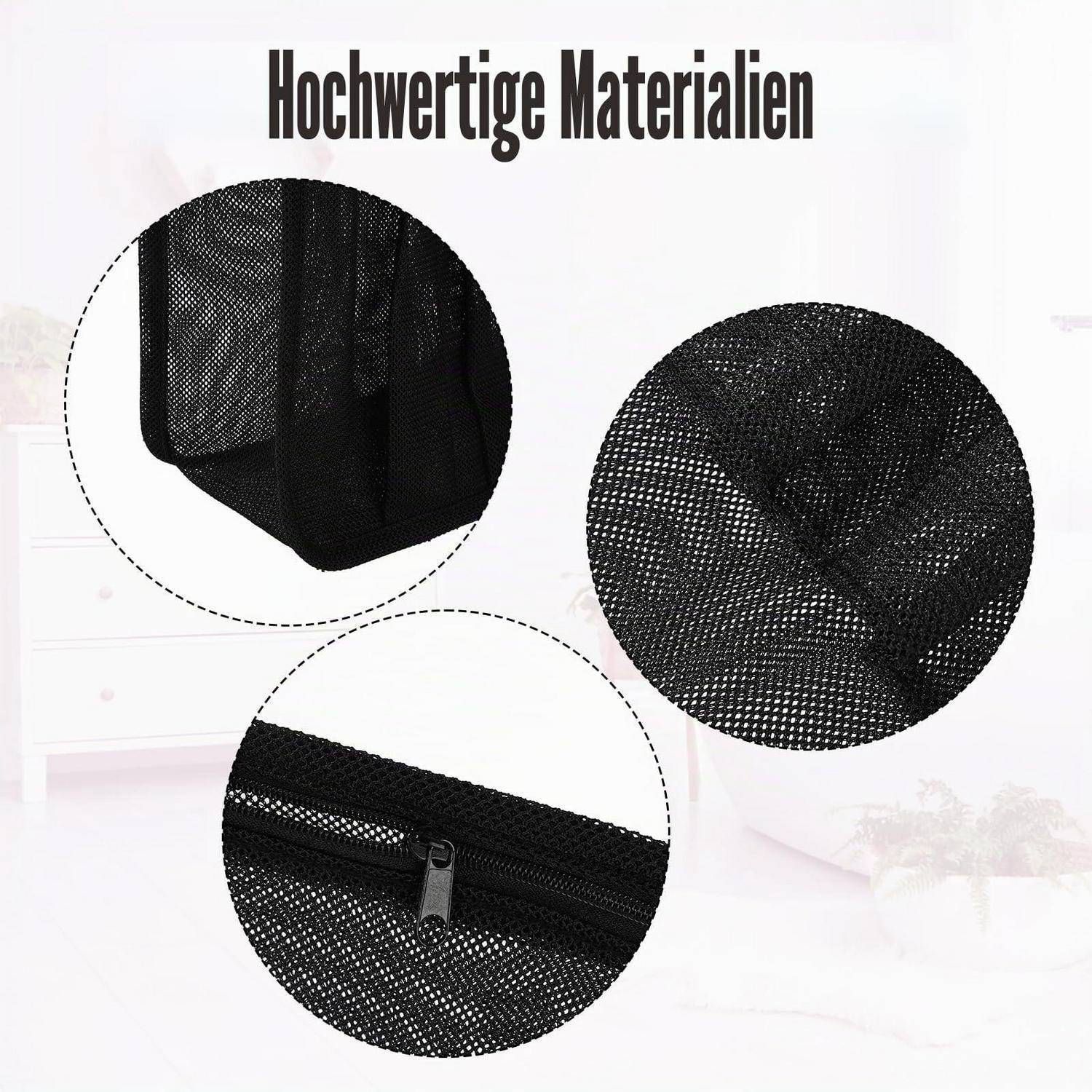 Hochwertige Materialien über drei Nahaufnahmen von schwarzem Mesh-Stoff, die Textur, Nähte und ein Reißverschluss-Detail zeigen.