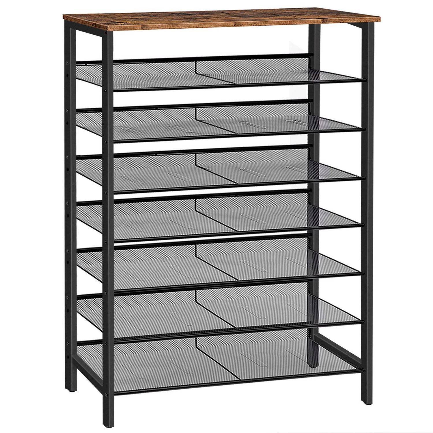 Sechsstufiges Metallgitter-Regalsystem mit Holzoberfläche, schwarzem Rahmen, zur Lagerung oder Präsentation.