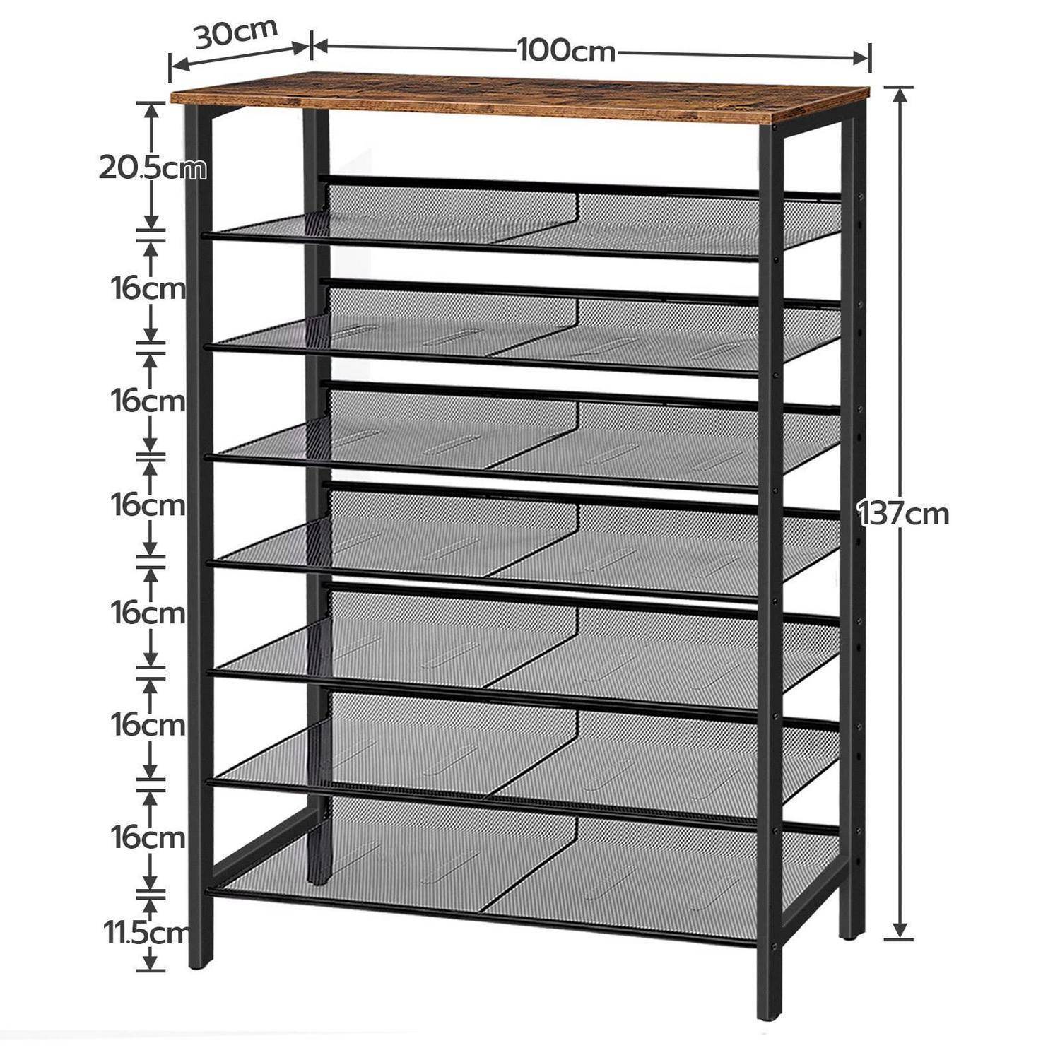 Metallschuhregal mit Holzplatte oben, 100 cm breit, 30 cm tief, 137 cm hoch, zeigt sieben Netzregale mit beschrifteten Abstandsmessungen.