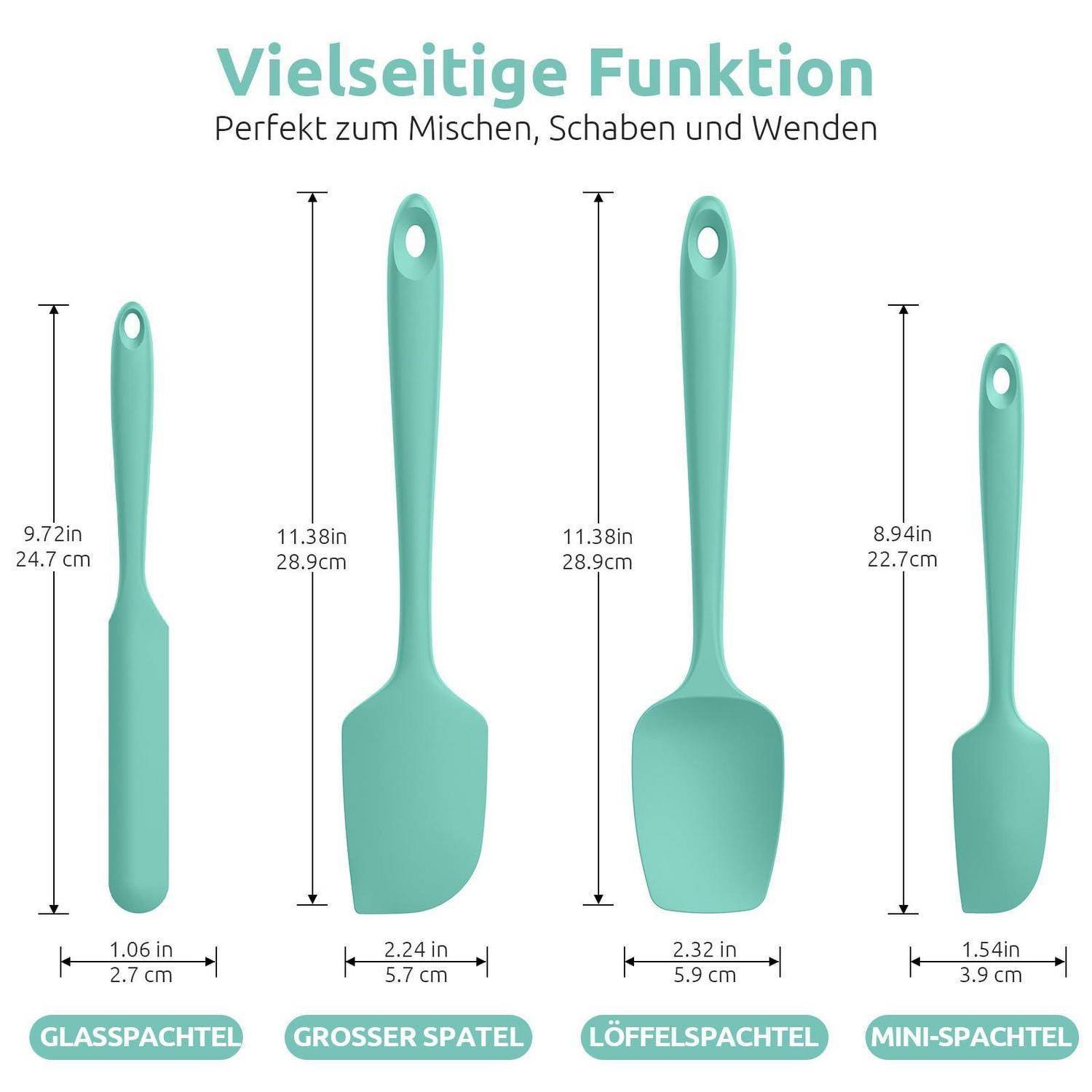 Silikon Teigschaber Set 4-teilig hitzebeständig bis 315°C Blaugrün