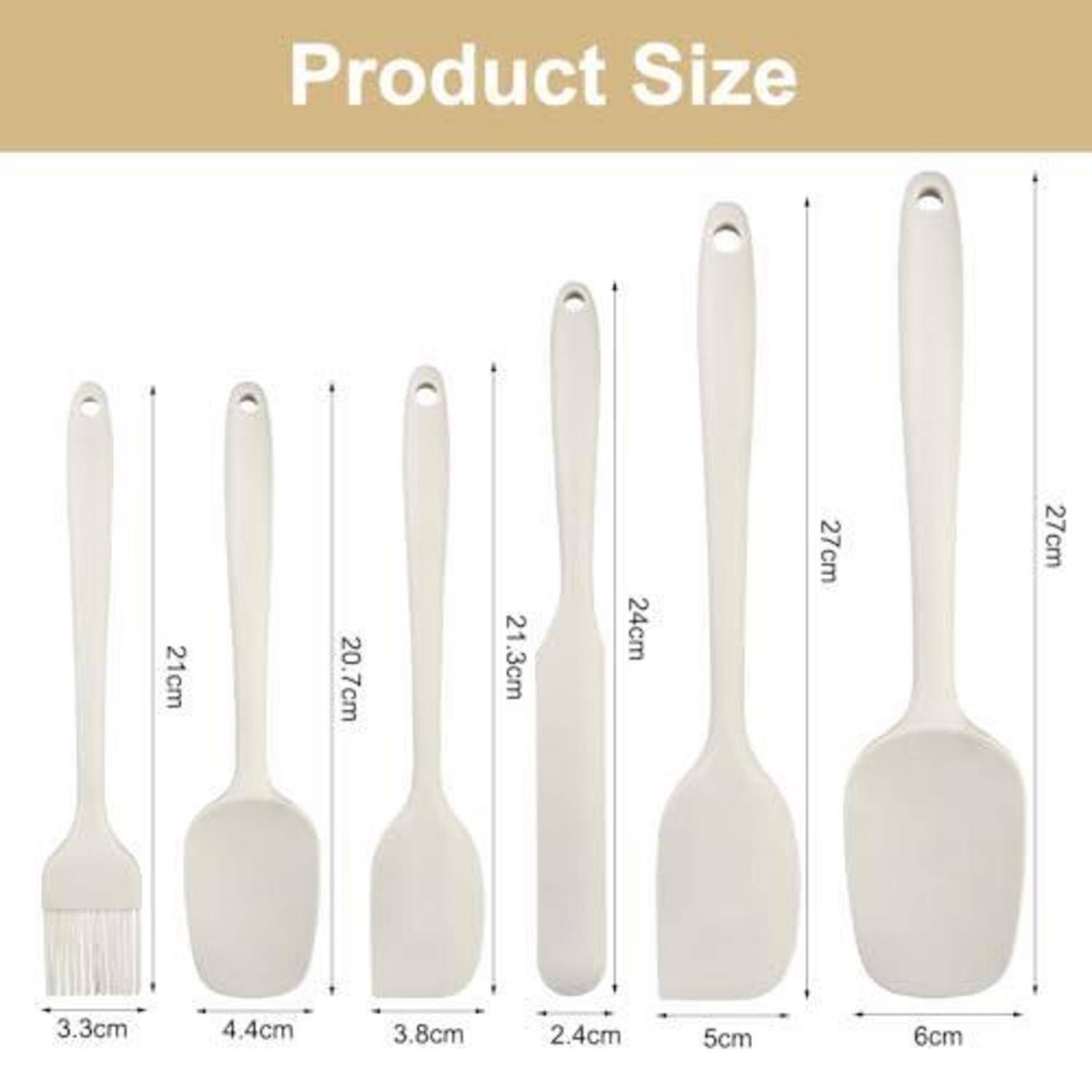 Produktgrößentabelle mit sechs weißen Silikonküchenutensilien mit Abmessungen von 21 bis 27 cm Höhe und 2,4 bis 6 cm Breite.