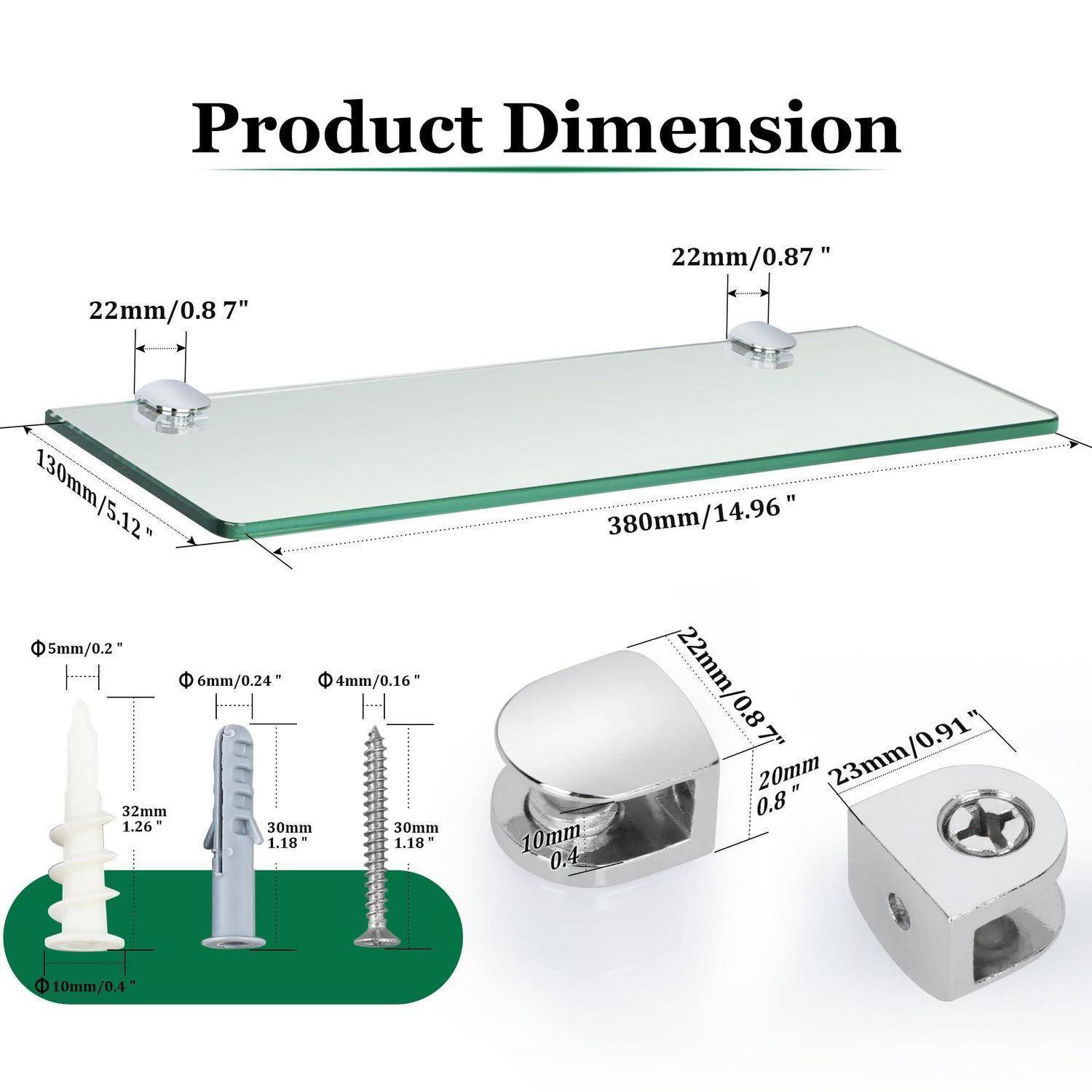 Produktabmessungsdiagramm für ein Glasregal: 380 mm lang, 130 mm breit, 22 mm dick, mit zwei 22 mm Montageklammern und enthaltenen Wanddübeln und Schrauben.