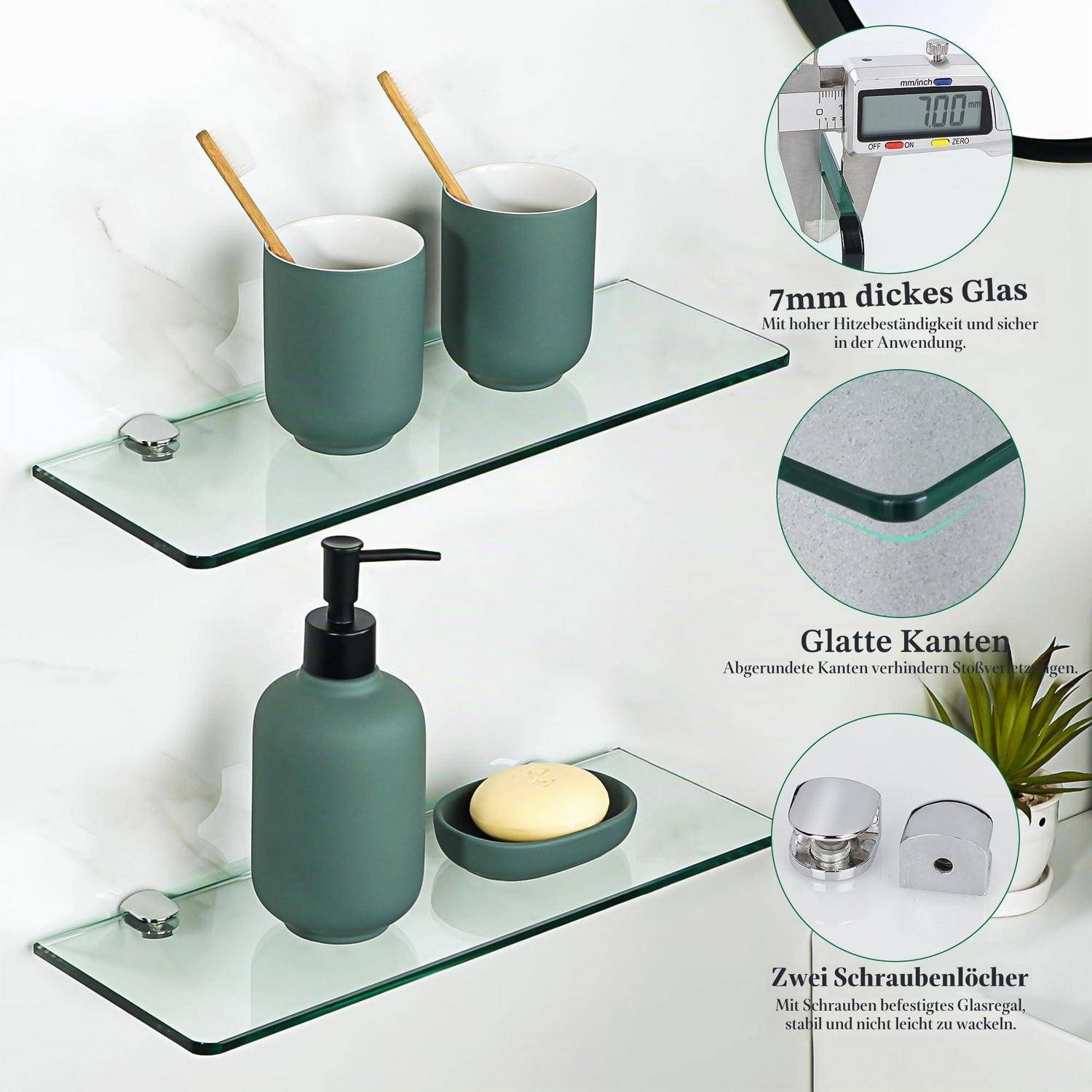 Glas-Badezimmerschränke mit mattem grünem Zubehör, zeigen 7 mm dickes Glas, abgerundete Kanten und zwei Schrauchlöcher für sichere Montage.