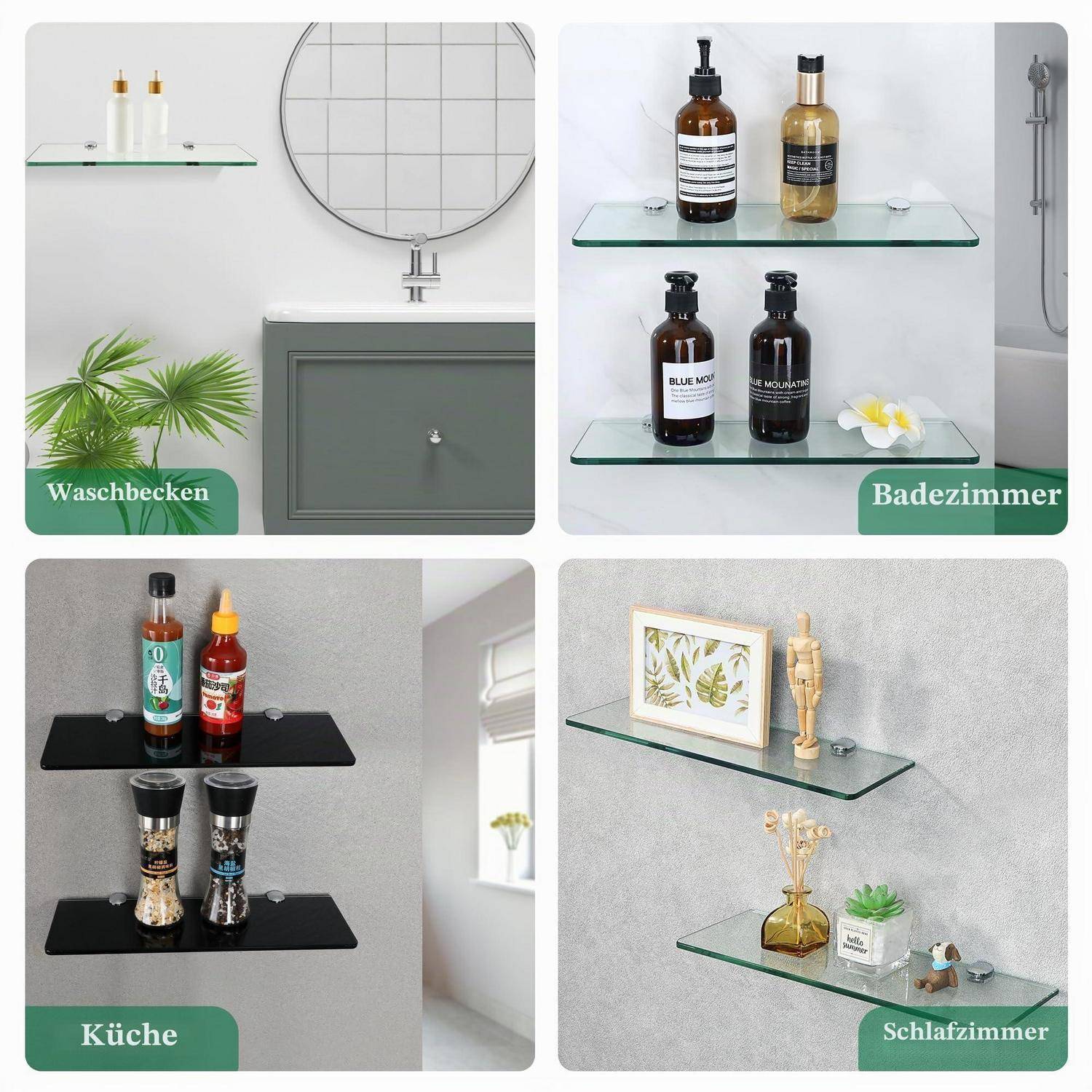 Collage aus Glaswandregalen in verschiedenen Räumen: Waschbecken, Badezimmer, Küche und Schlafzimmer, das zeigt, wie die Regale Toilettenartikel oder Dekoration halten.