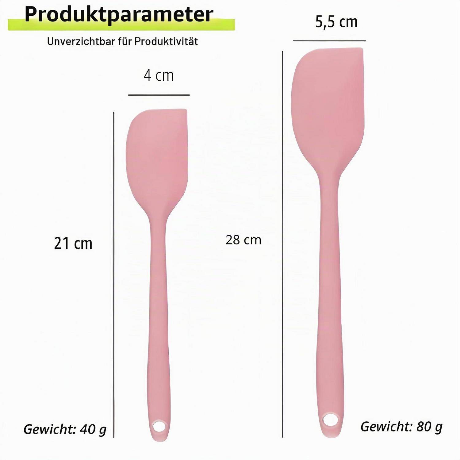 Vergleich von zwei rosa Spachteln mit der Bezeichnung „Produktparameter