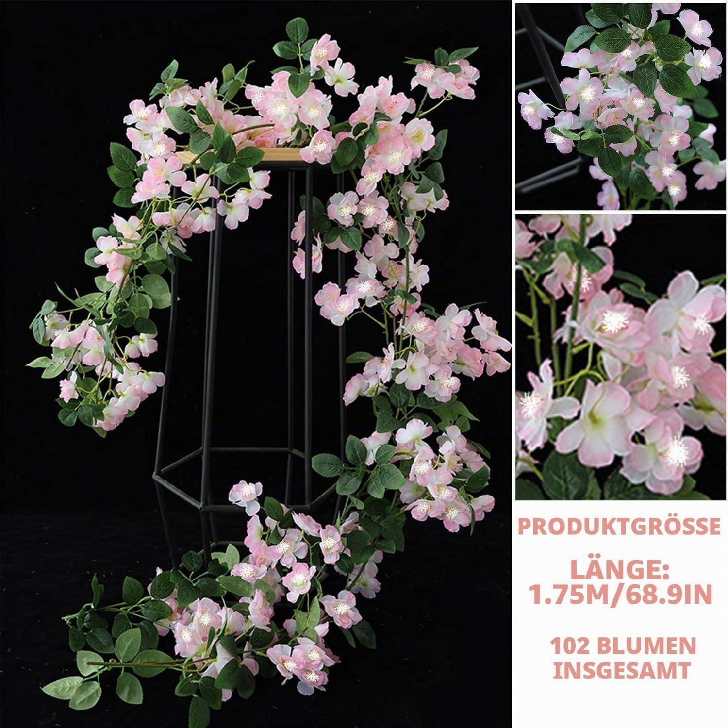 Künstliche Kirschblüten-Girlande in Rosa, über einem Ständer drapiert, mit Nahaufnahmedetails und Text, der besagt „LÄNGE: 1,75M/68,9IN