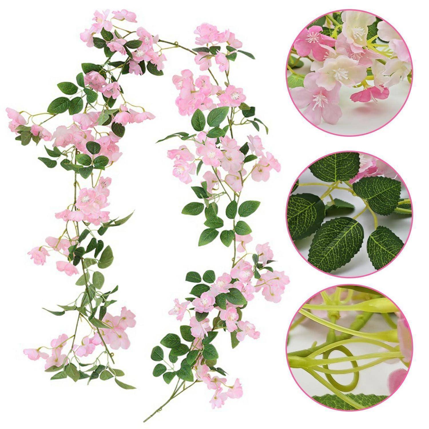 Künstliche Blütengirlanden in Rosa mit grünen Blättern, dargestellt als zwei hängende Ranken und drei Detailaufnahmen von Blüten, Blättern und Stielen.
