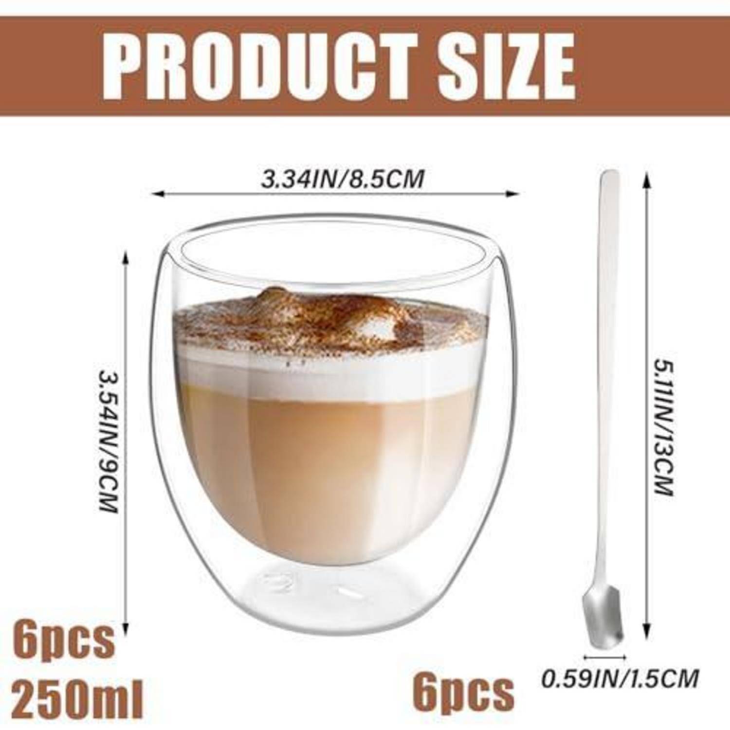 Größentabelle für ein doppelwandiges Glastasse und Löffel: Tasse 3,54 Zoll/9 cm hoch, 3,34 Zoll/8,5 cm breit, 250 ml; Löffel 5,11 Zoll/13 cm lang, 0,59 Zoll/1,5 cm breit.