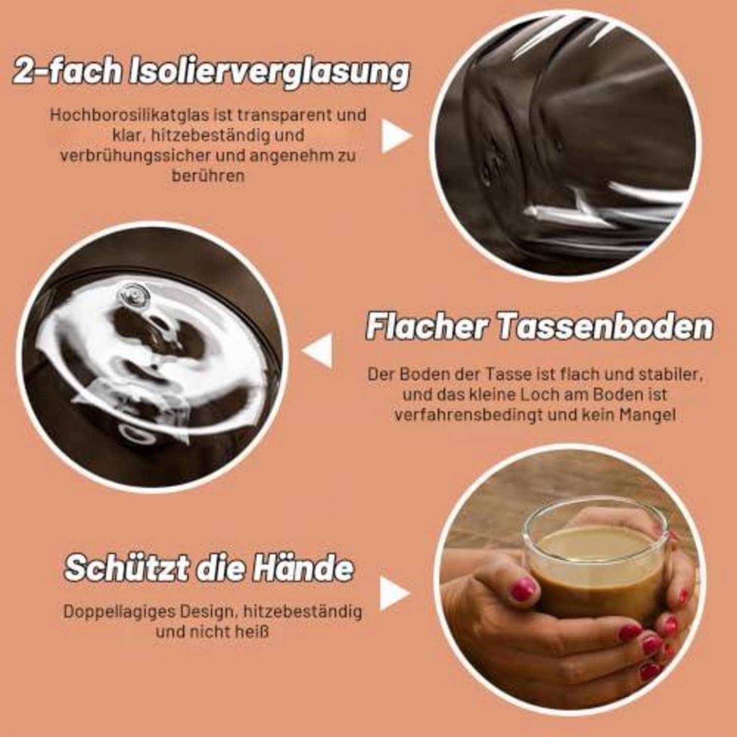 Deutsches Promo-Grafik, das einen klaren Glaskrug mit drei Hinweisen zeigt: doppelt isolierendes Glas, flacher stabiler Becherboden und Handschutz vor Wärme.
