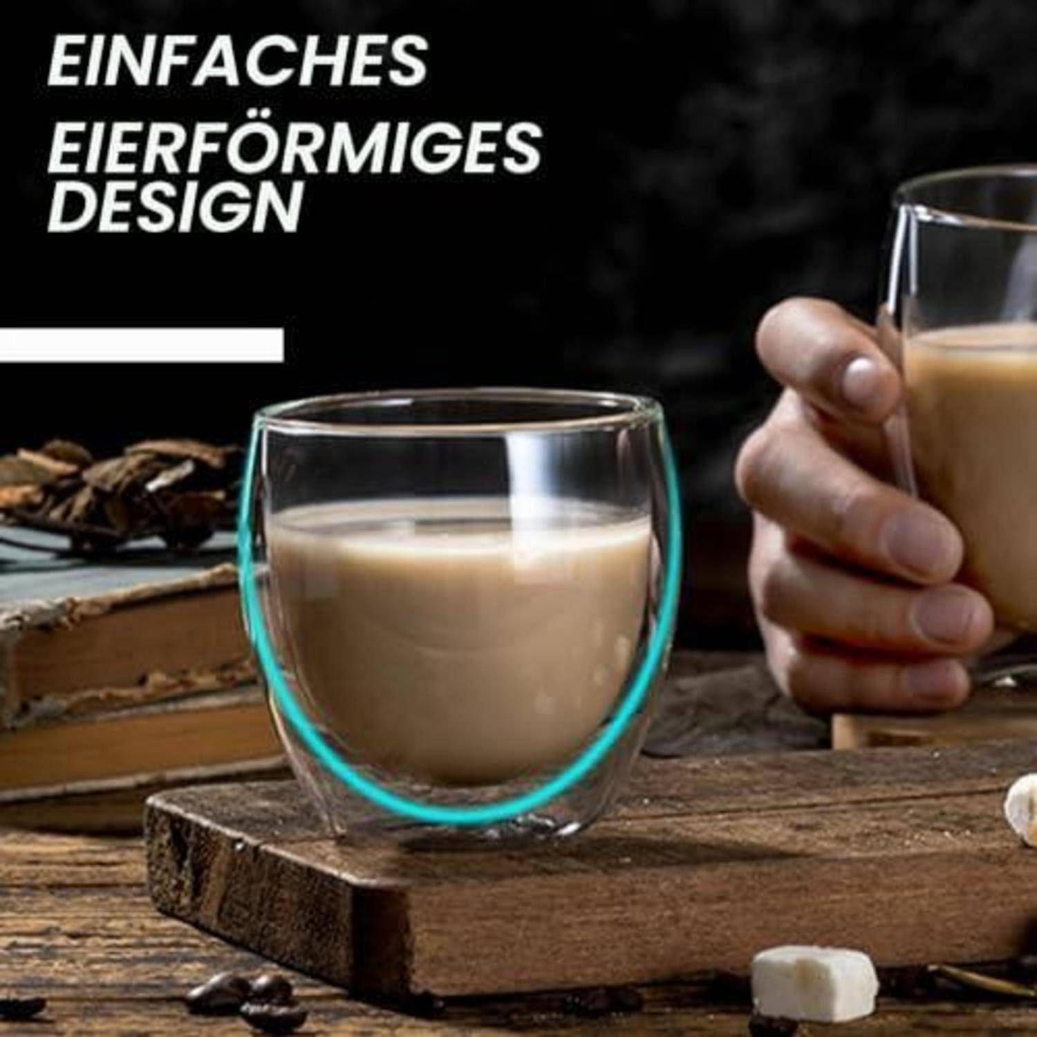 Anzeigenbild zeigt ein transparentes doppelwandiges, eiförmiges Glas gefüllt mit Kaffee auf einem Holztisch, mit dem Text 