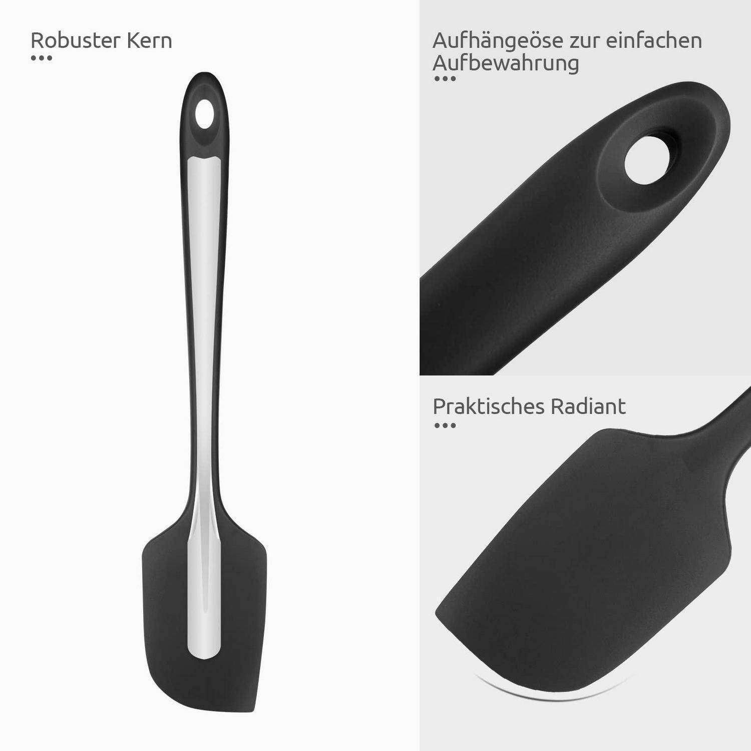 Produktbild eines schwarzsilbernen Spachtels mit stabilem Kern, Aufhängeloch zur Aufbewahrung und flexiblem Kopf für praktische Verwendung.
