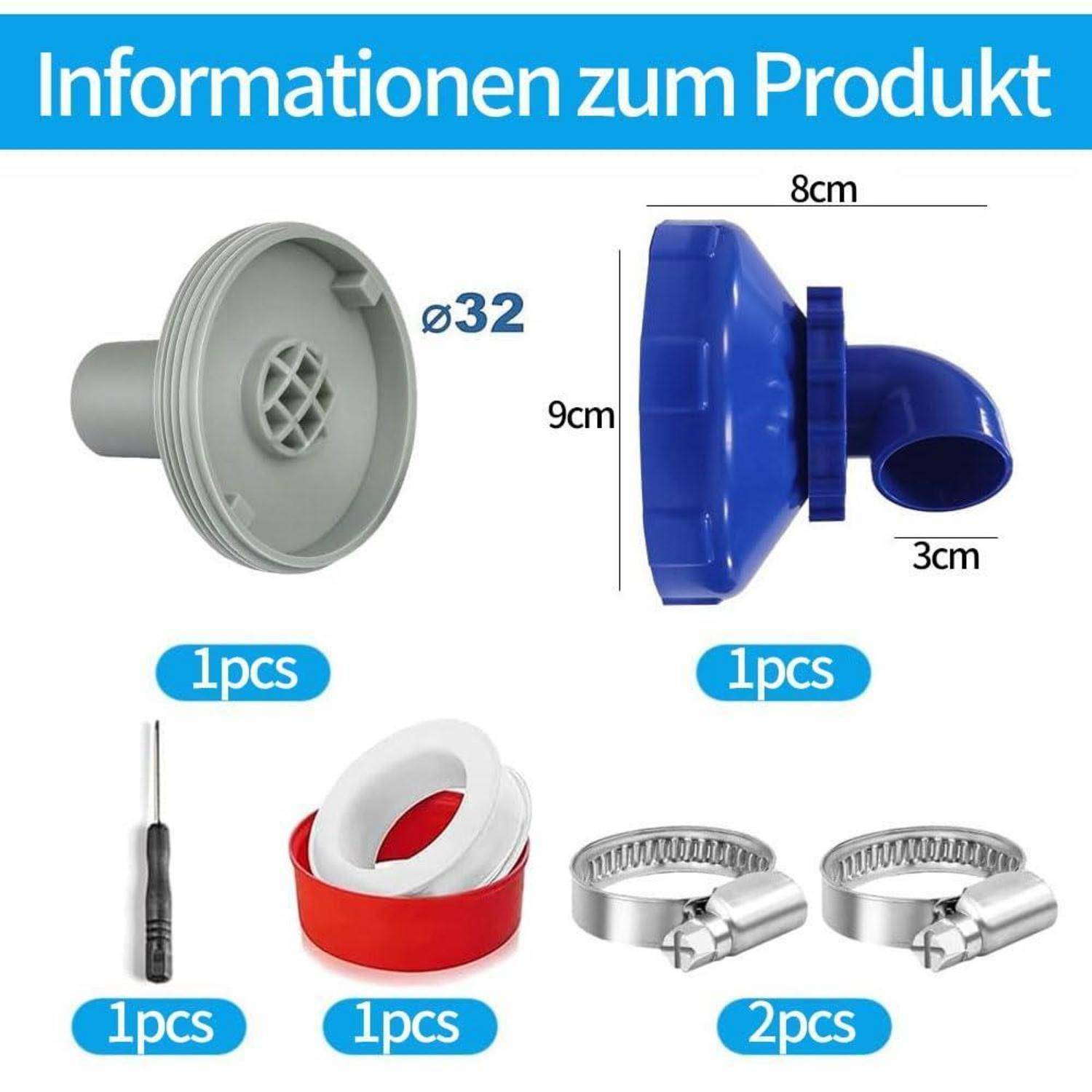Produktinformationsgrafik mit einem 32-mm-Teil und blauem Trichteradapter mit Abmessungen von 8 cm mal 9 cm mal 3 cm, plus enthaltenes Werkzeug und Klemmen mit Bezeichnung 1 Stück oder 2 Stück.